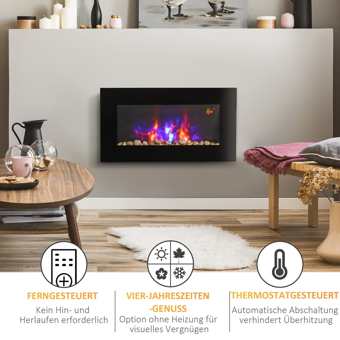 Electric wall fireplace, Remote control, LED Flame, Black