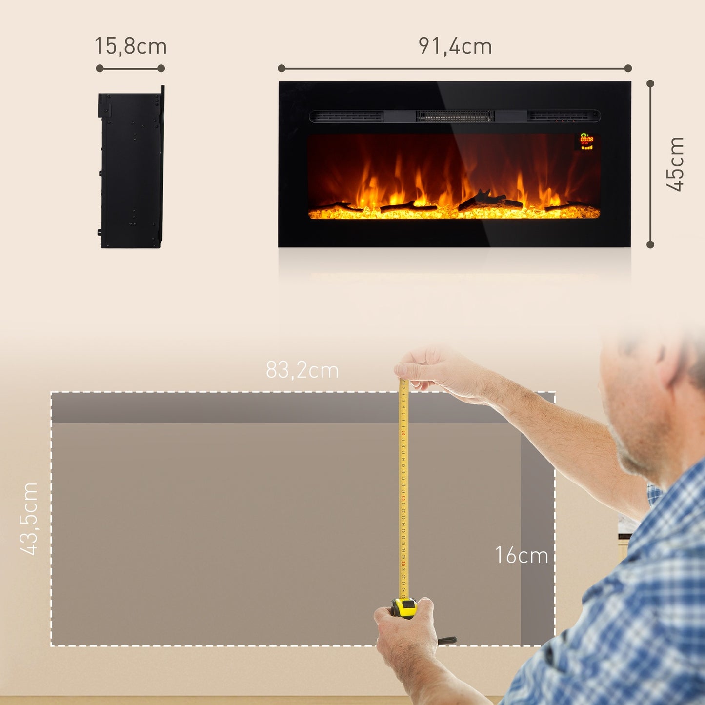 Electric fireplace, 1800W, LED Flame, Remote control