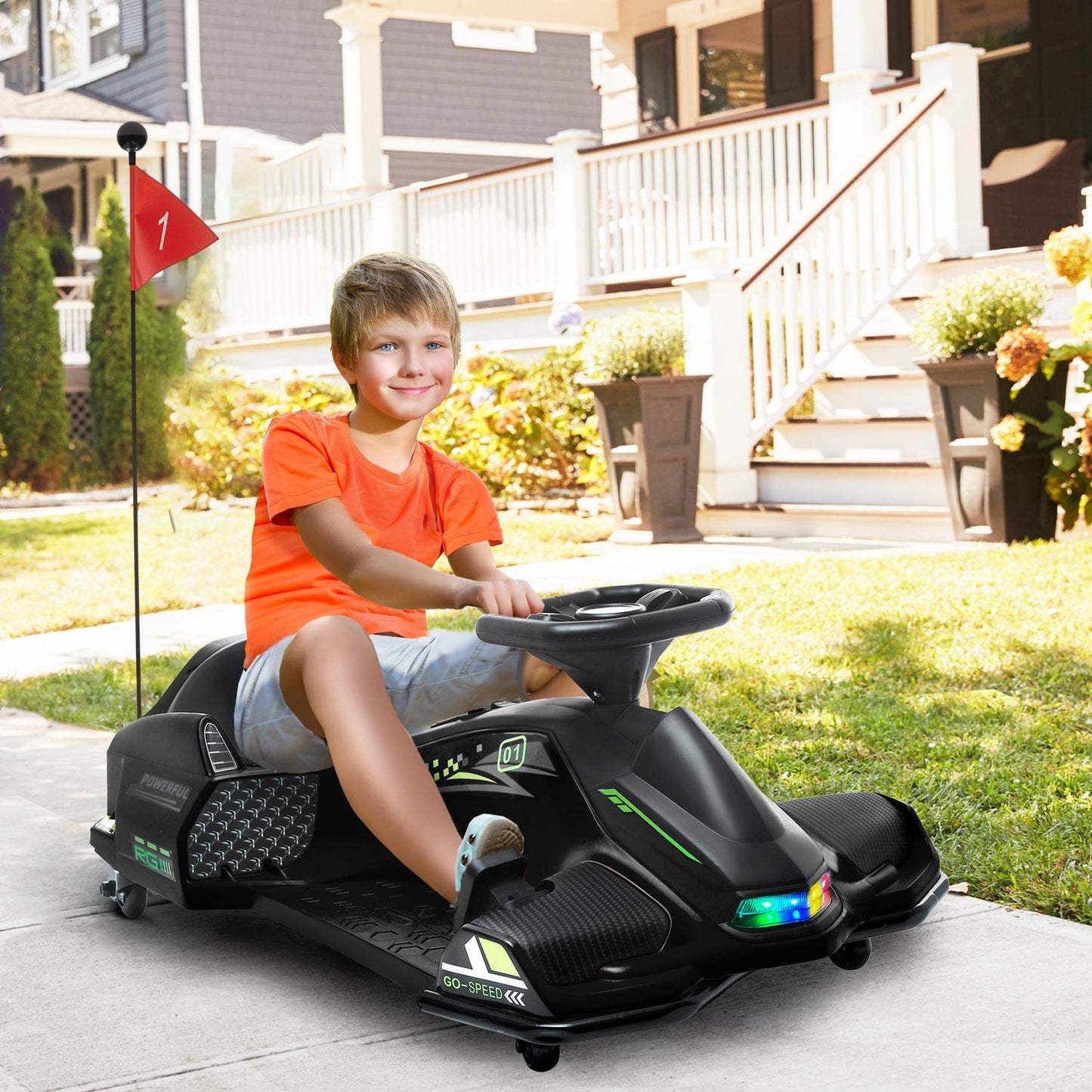 Electric go-kart for children, rubber wheels, 3-8 km/h, with lights and music function, black