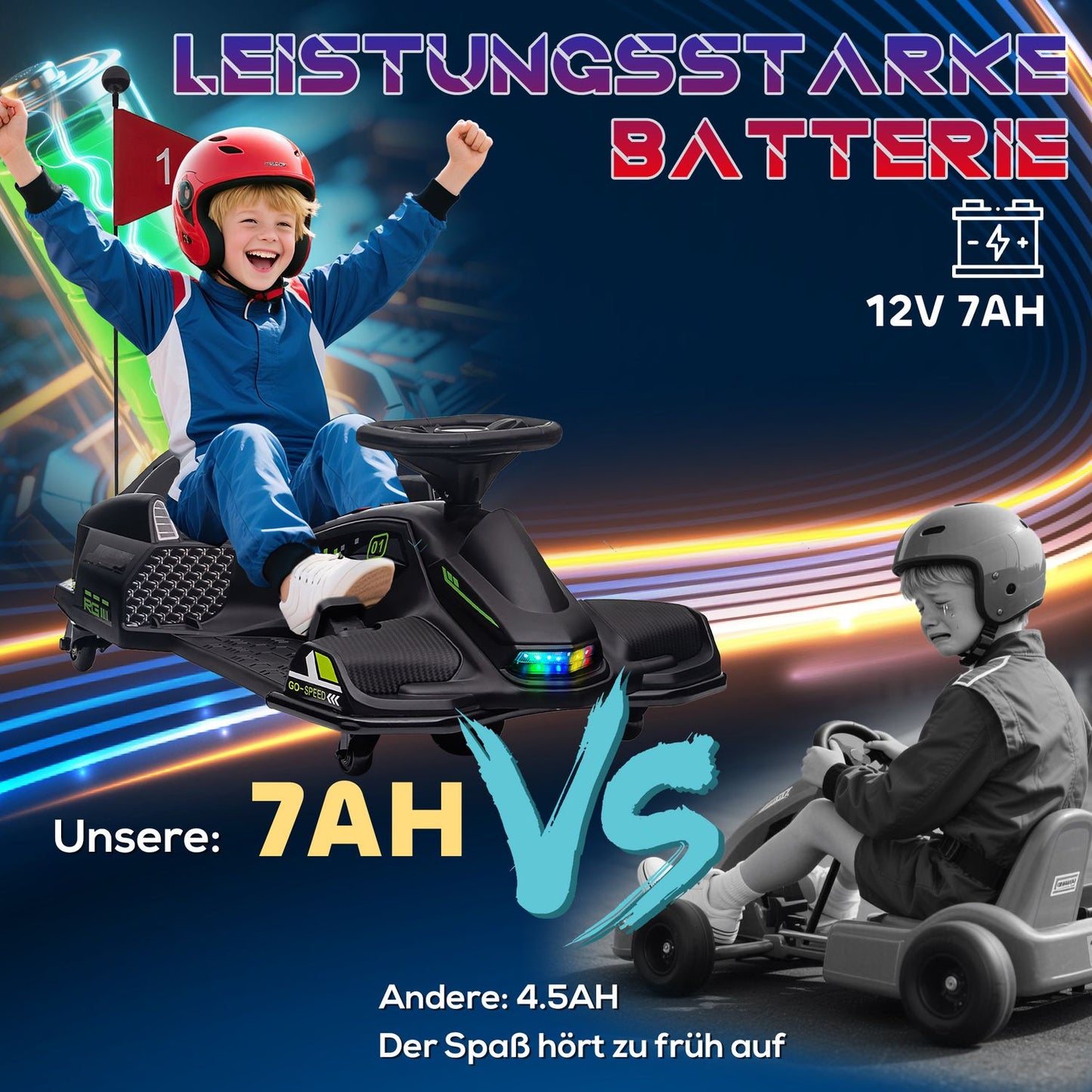 Electric go-kart for children, rubber wheels, 3-8 km/h, with lights and music function, black