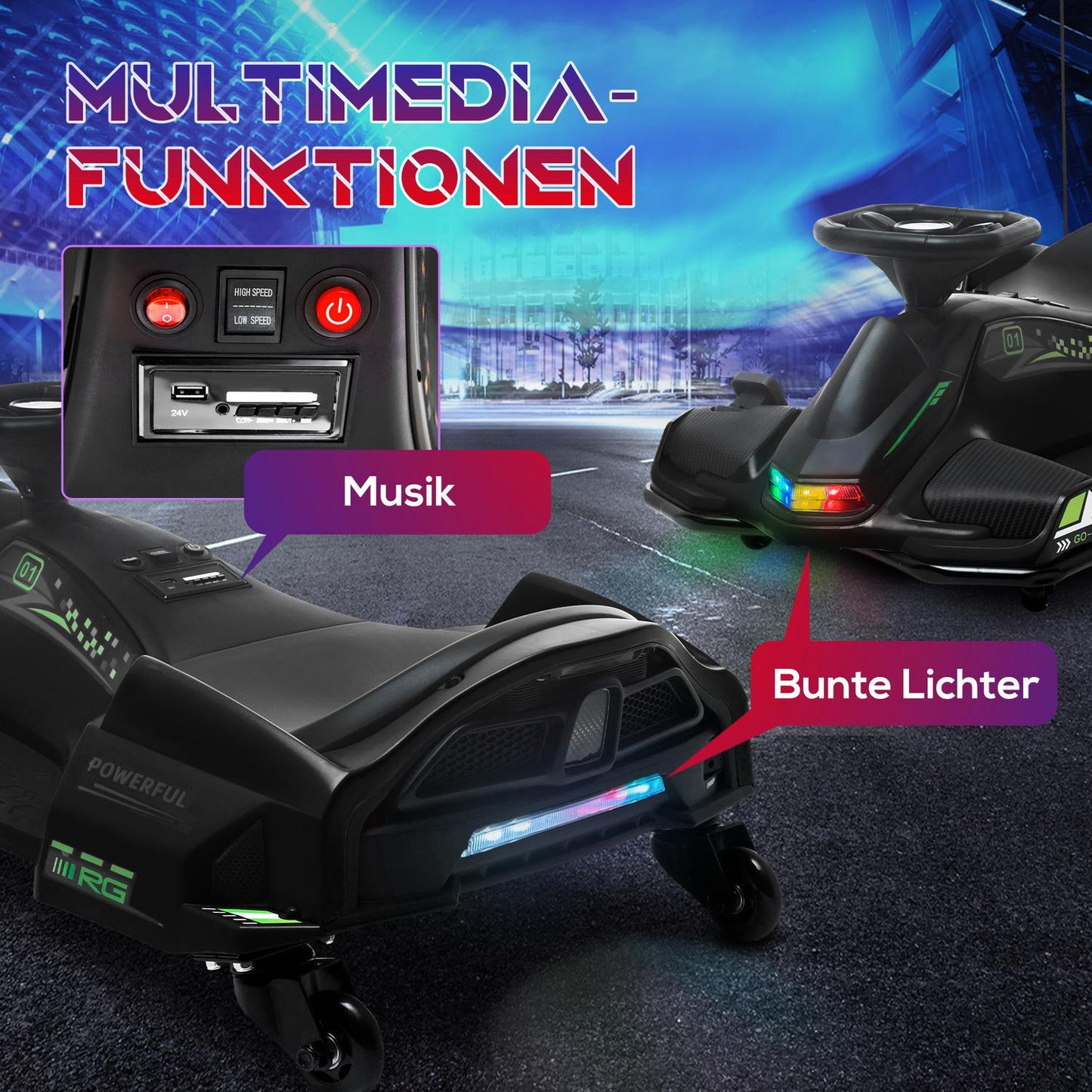 Electric go-kart for children, rubber wheels, 3-8 km/h, with lights and music function, black