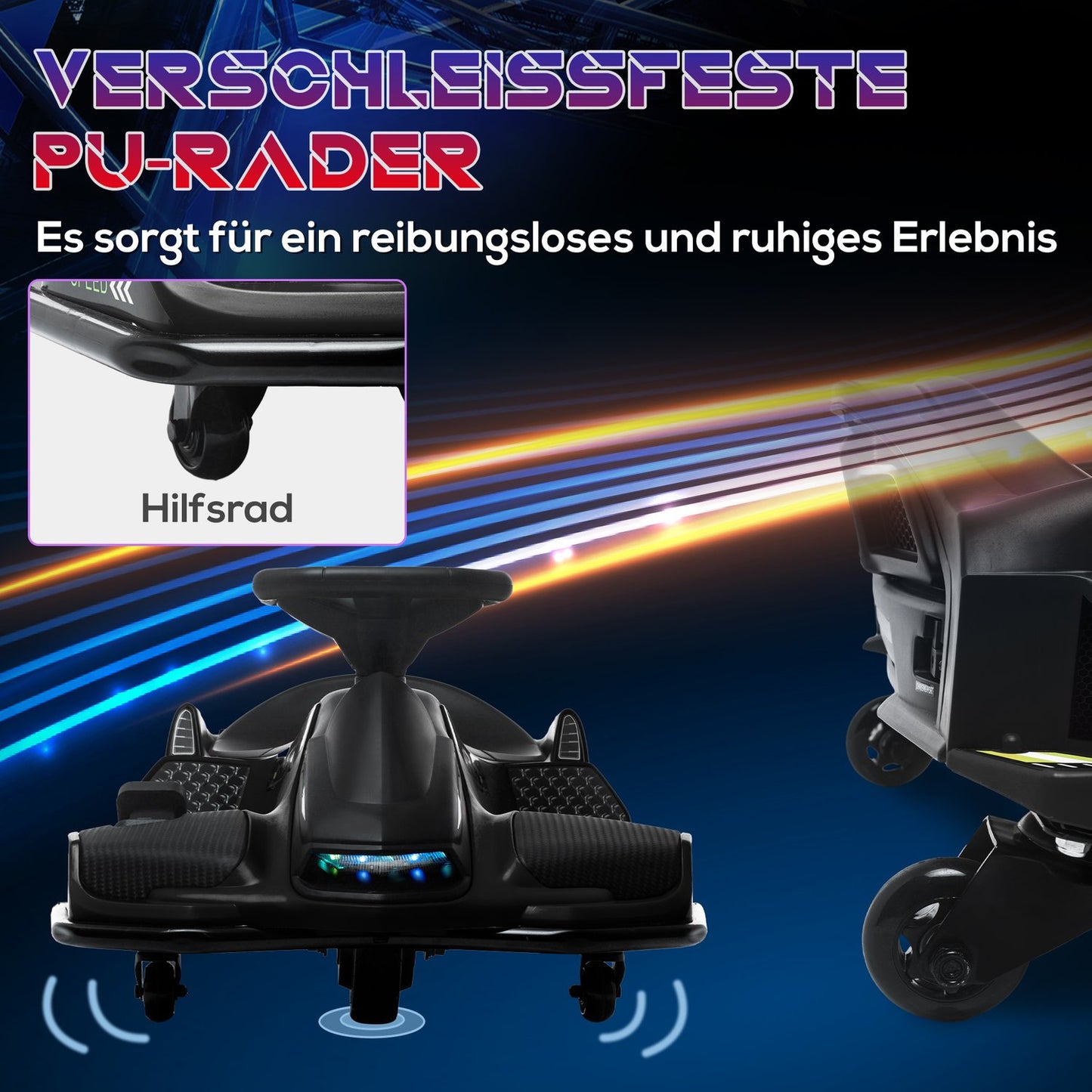Electric go-kart for children, rubber wheels, 3-8 km/h, with lights and music function, black