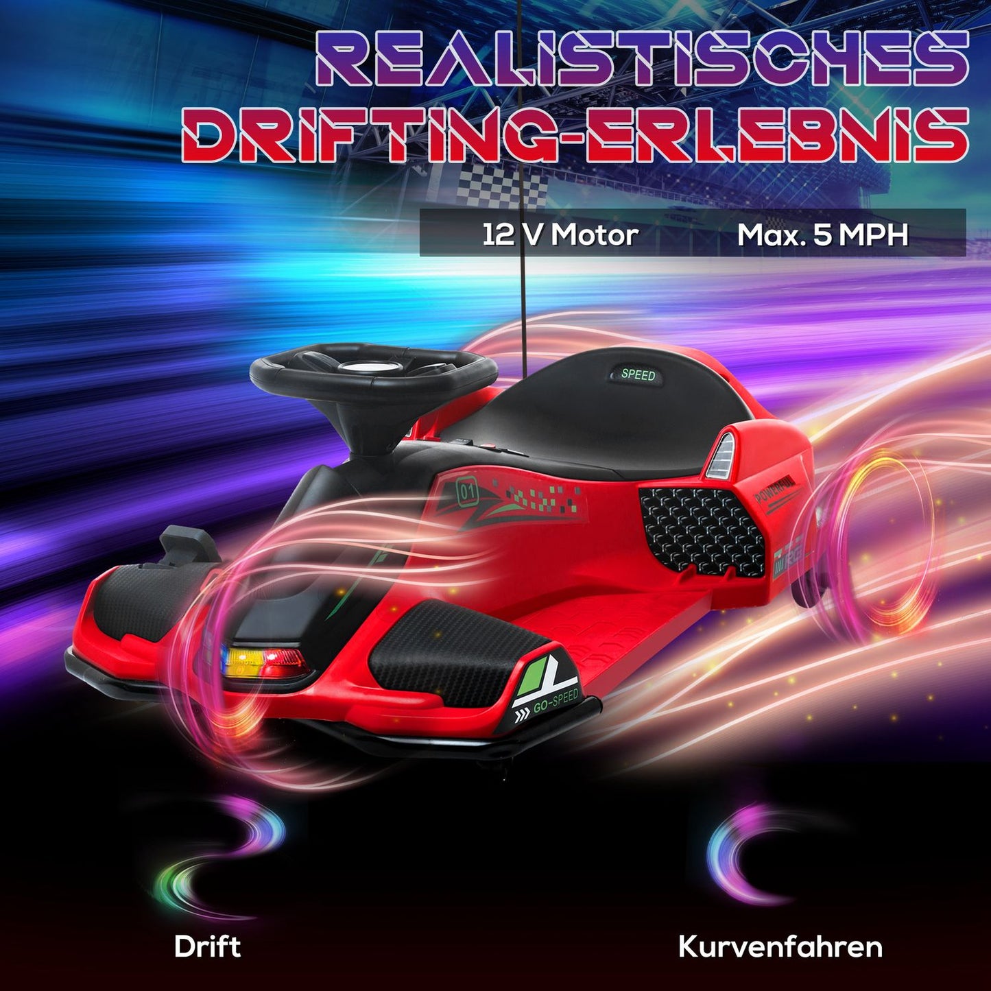 Electric Go-Kart for Kids, 3-8 km/h, Lights & Music