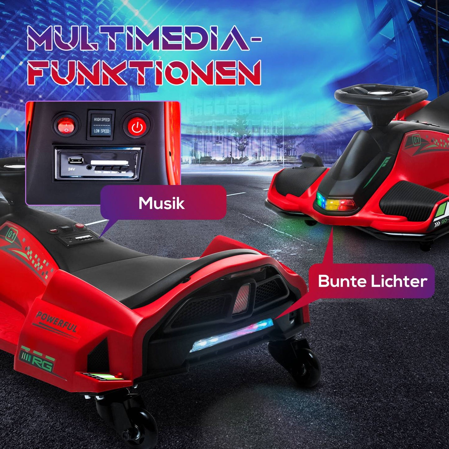 Electric Go-Kart for Kids, 3-8 km/h, Lights & Music