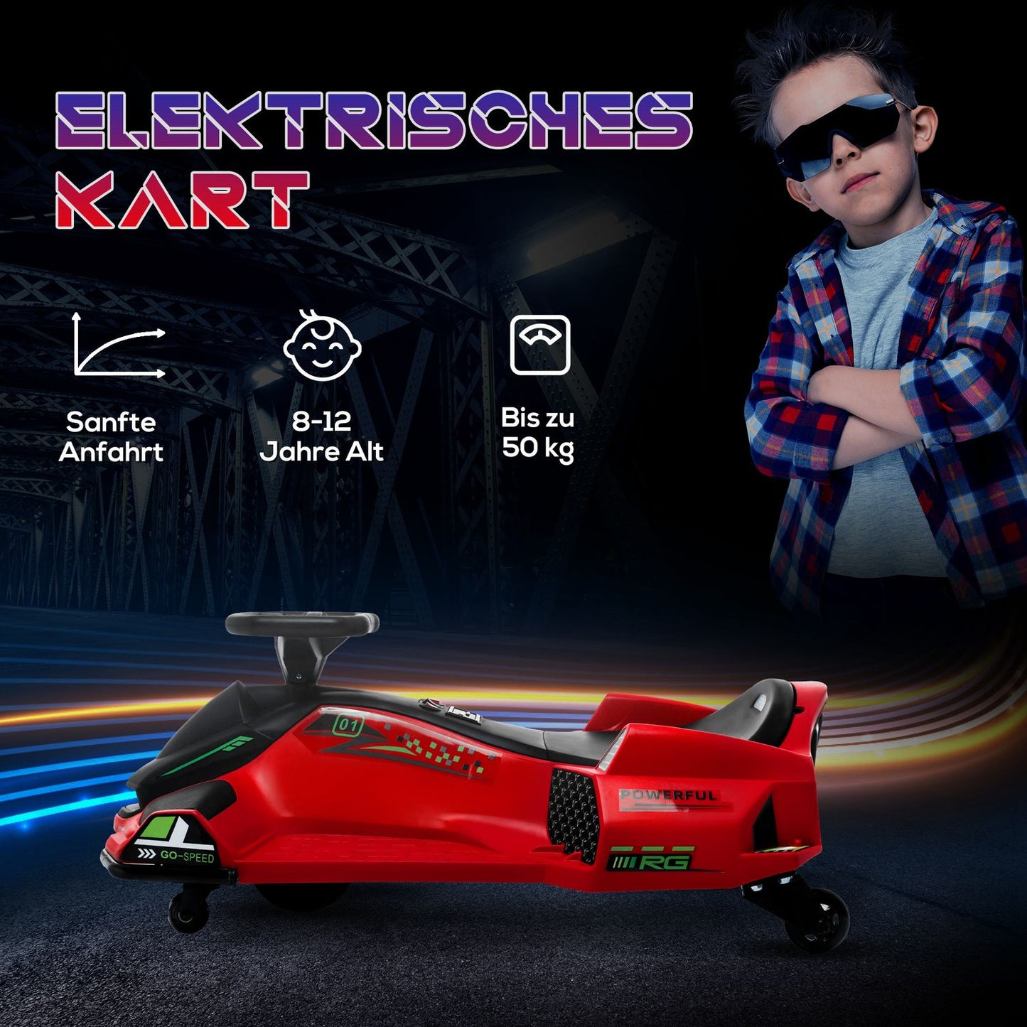 Electric Go-Kart for Kids, 3-8 km/h, Lights & Music
