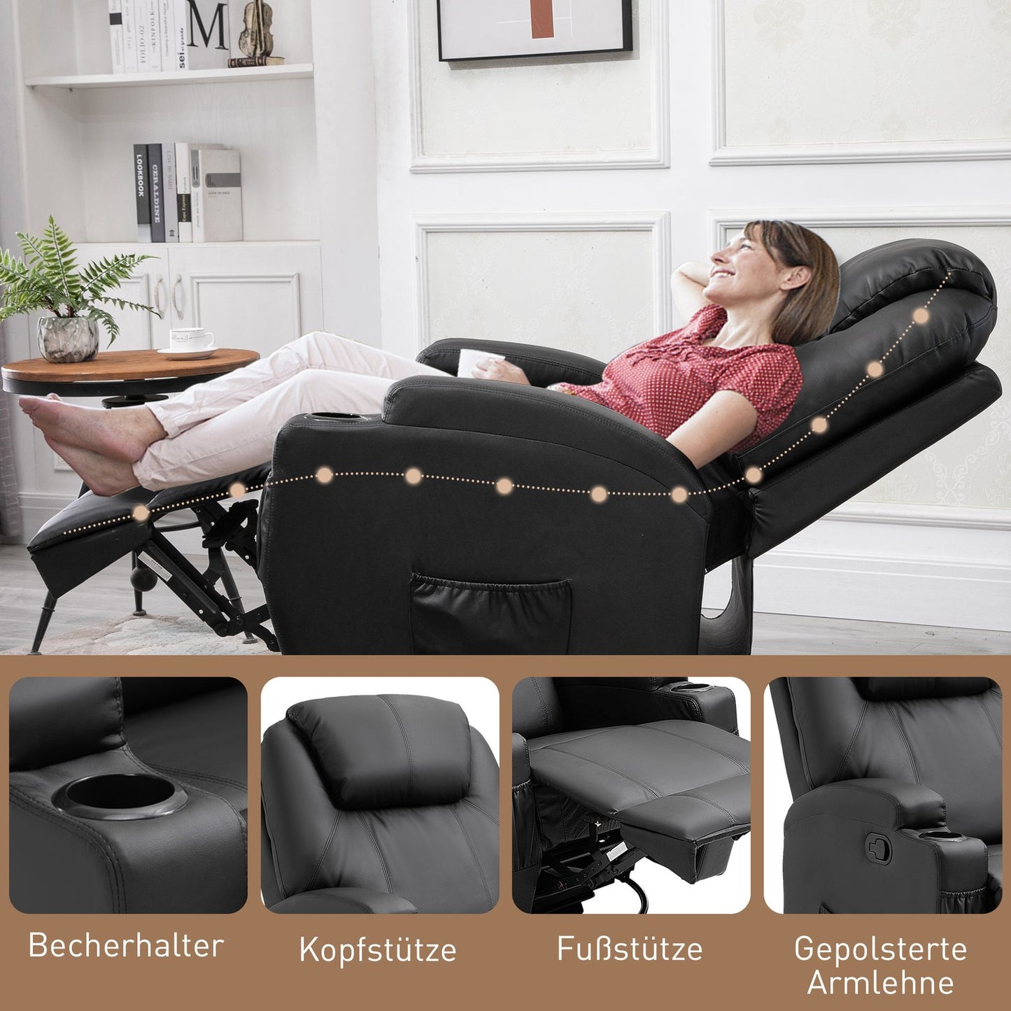 Electric massage chair, reclining, 5 positions, black artificial leather