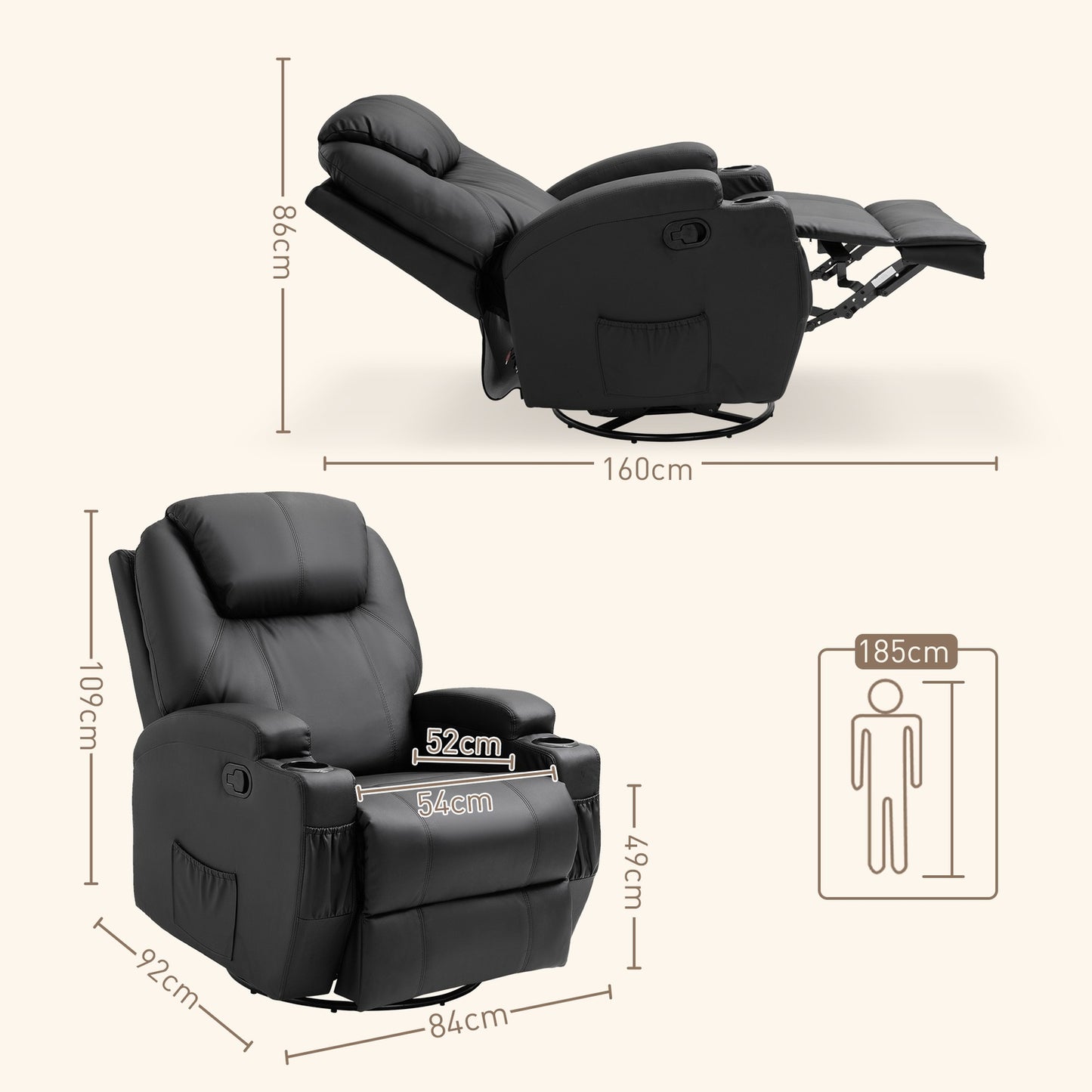 Electric massage chair, reclining, 5 positions, black artificial leather