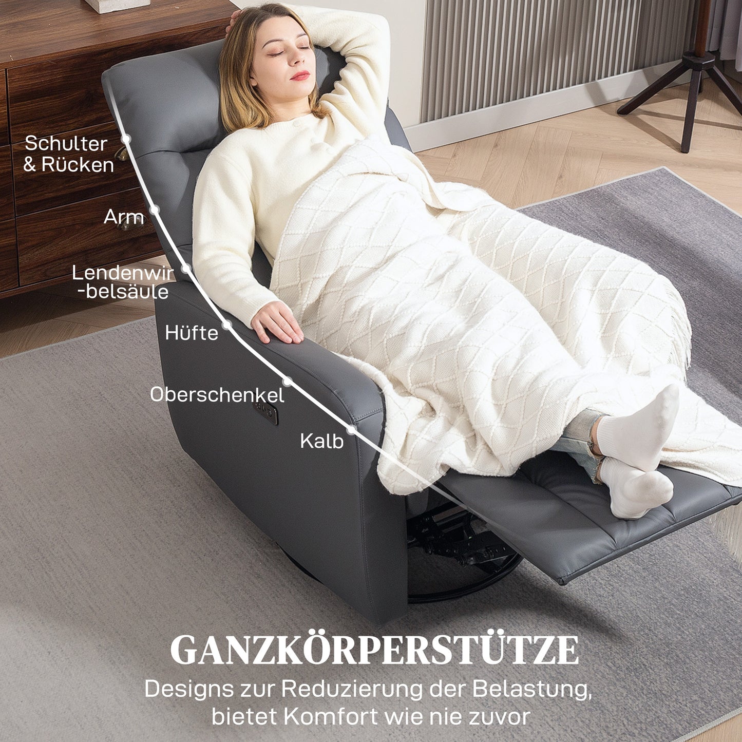 Electric recliner with rocking and USB ports, gray
