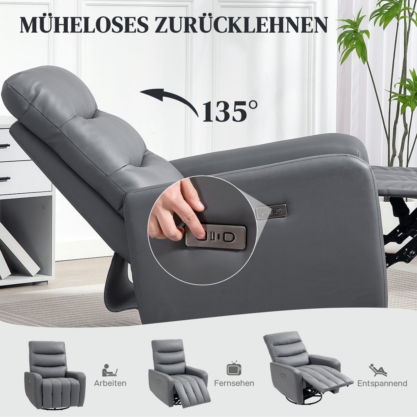 Electric recliner with rocking and USB ports, gray