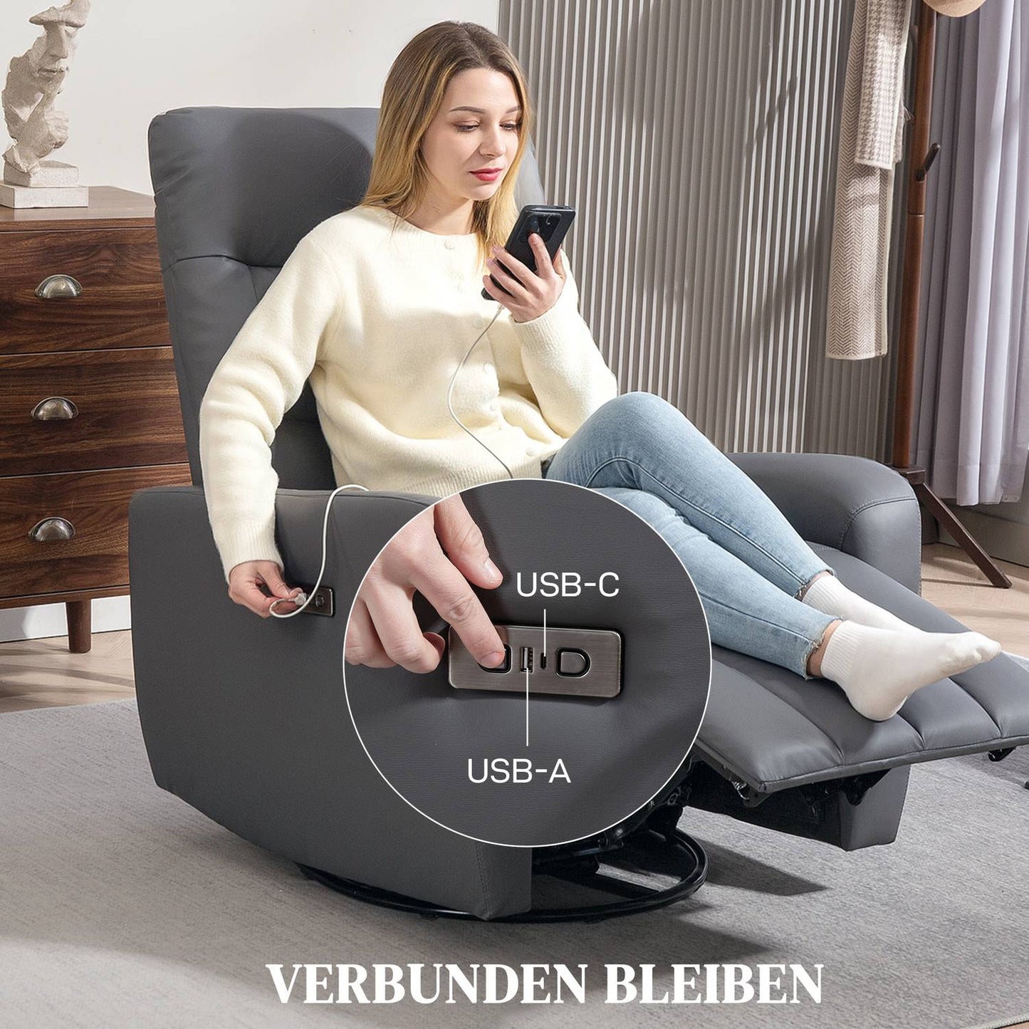 Electric recliner with rocking and USB ports, gray