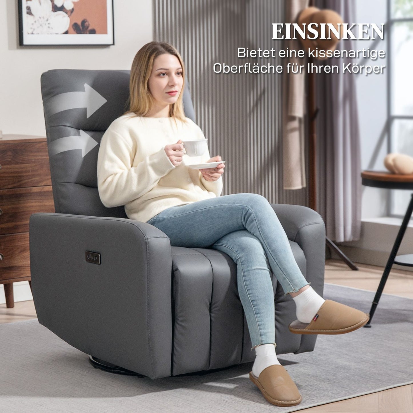 Electric recliner with rocking and USB ports, gray