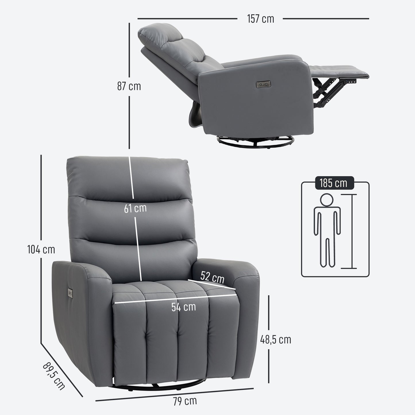 Electric recliner with rocking and USB ports, gray