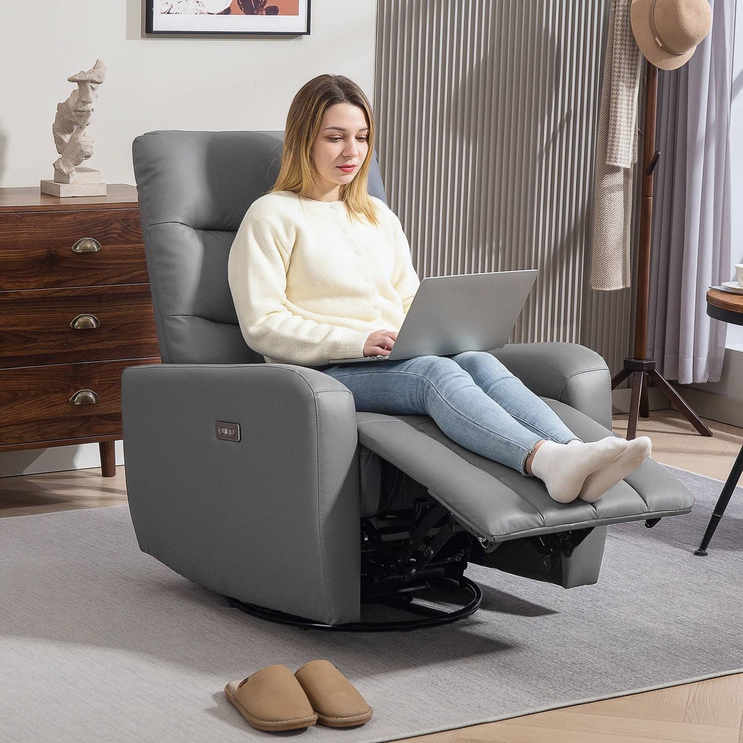 Electric recliner with rocking and USB ports, gray