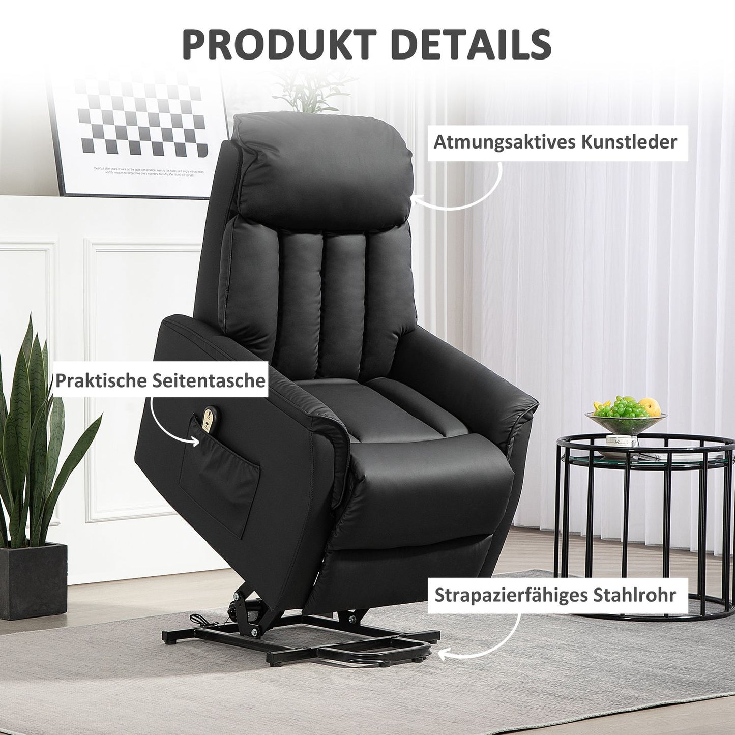 Electric Recliner Chair with Stand-Up Aid, Faux Leather, Black