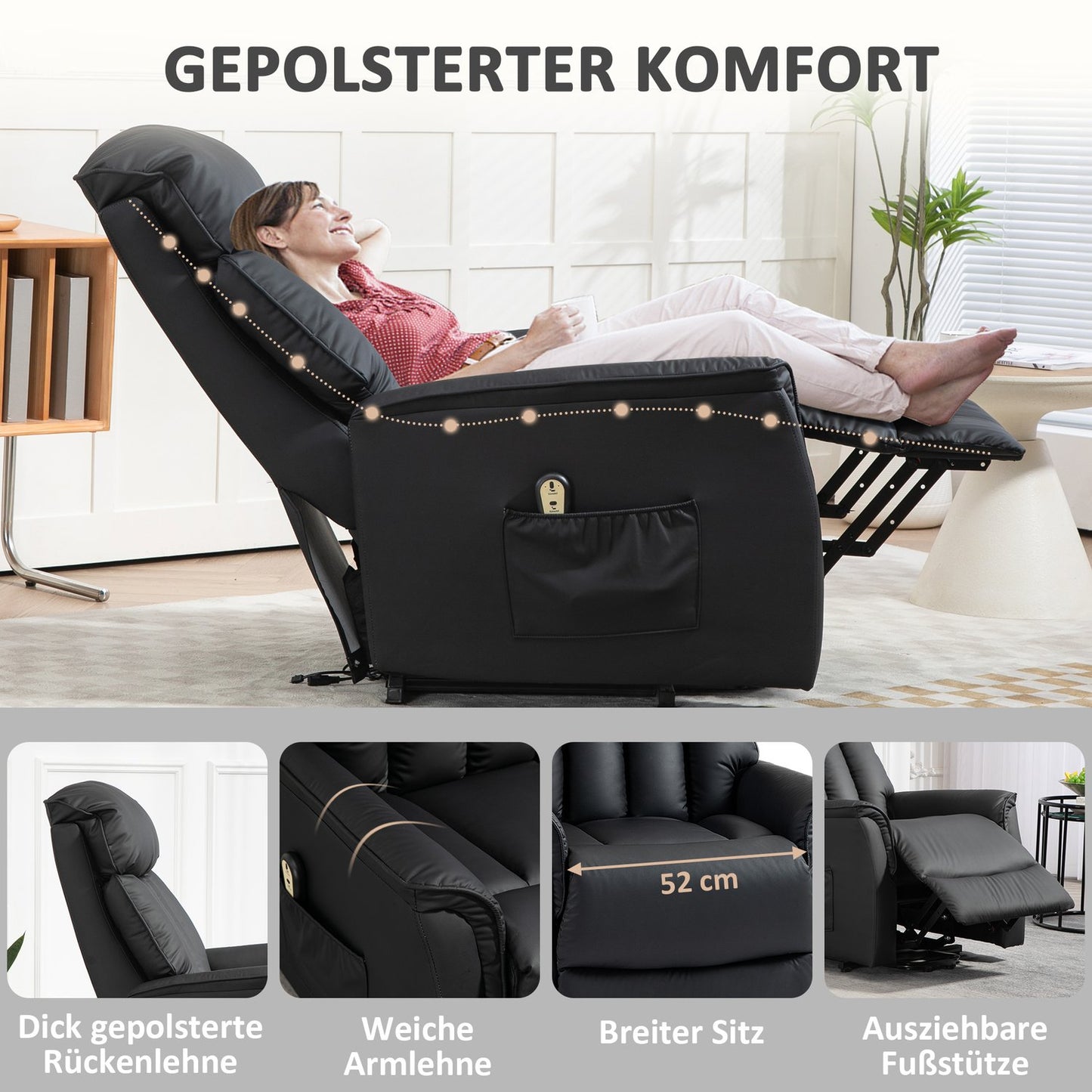 Electric Recliner Chair with Stand-Up Aid, Faux Leather, Black