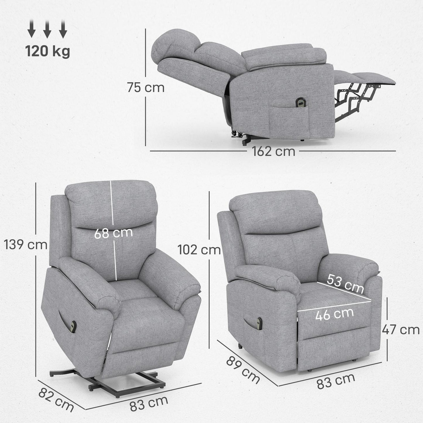 Electric recliner chair, recliner chair with stand-up aid, recliner chair with sleep function, linen look, 83 x 89 x 102 cm, grey