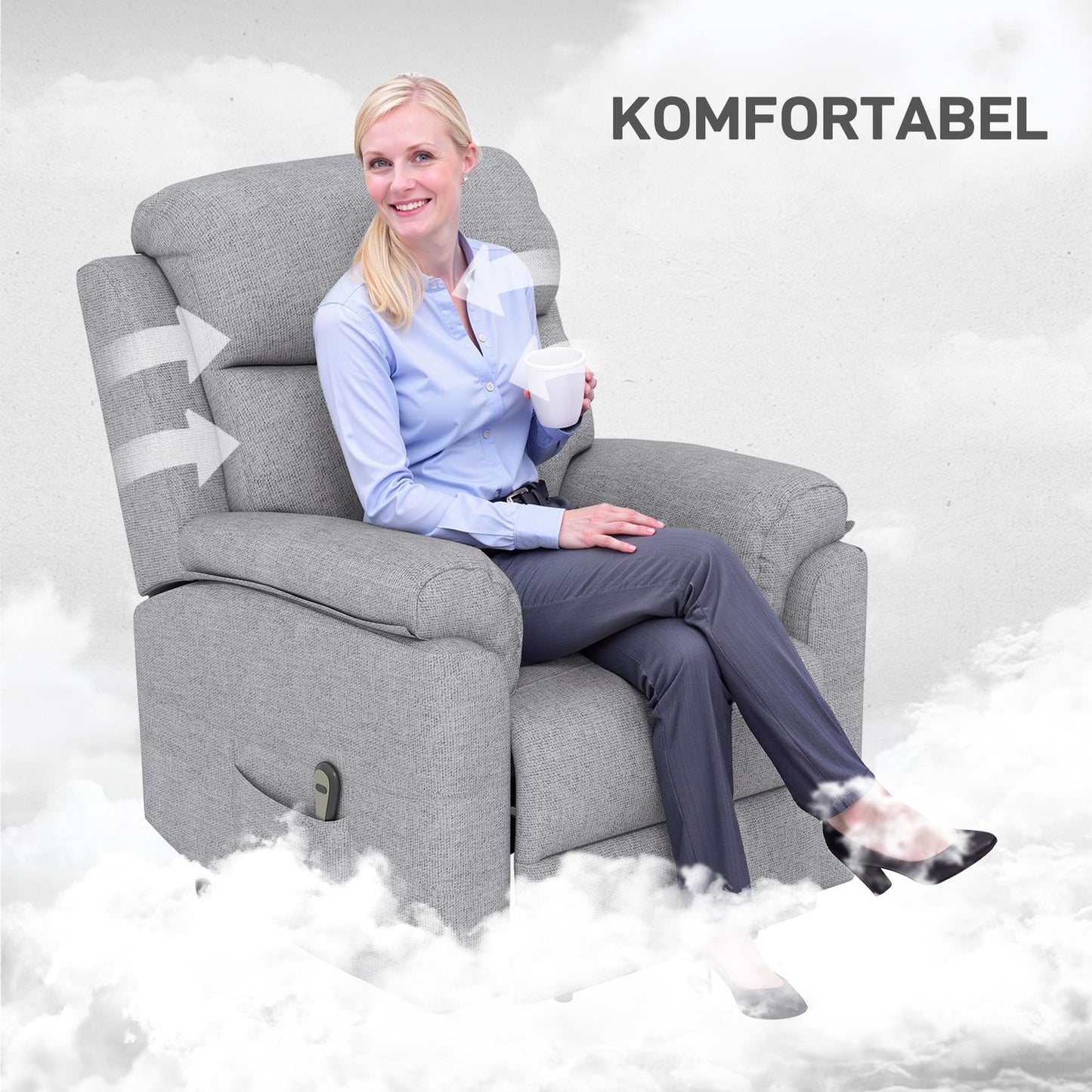 Electric recliner chair, recliner chair with stand-up aid, recliner chair with sleep function, linen look, 83 x 89 x 102 cm, grey