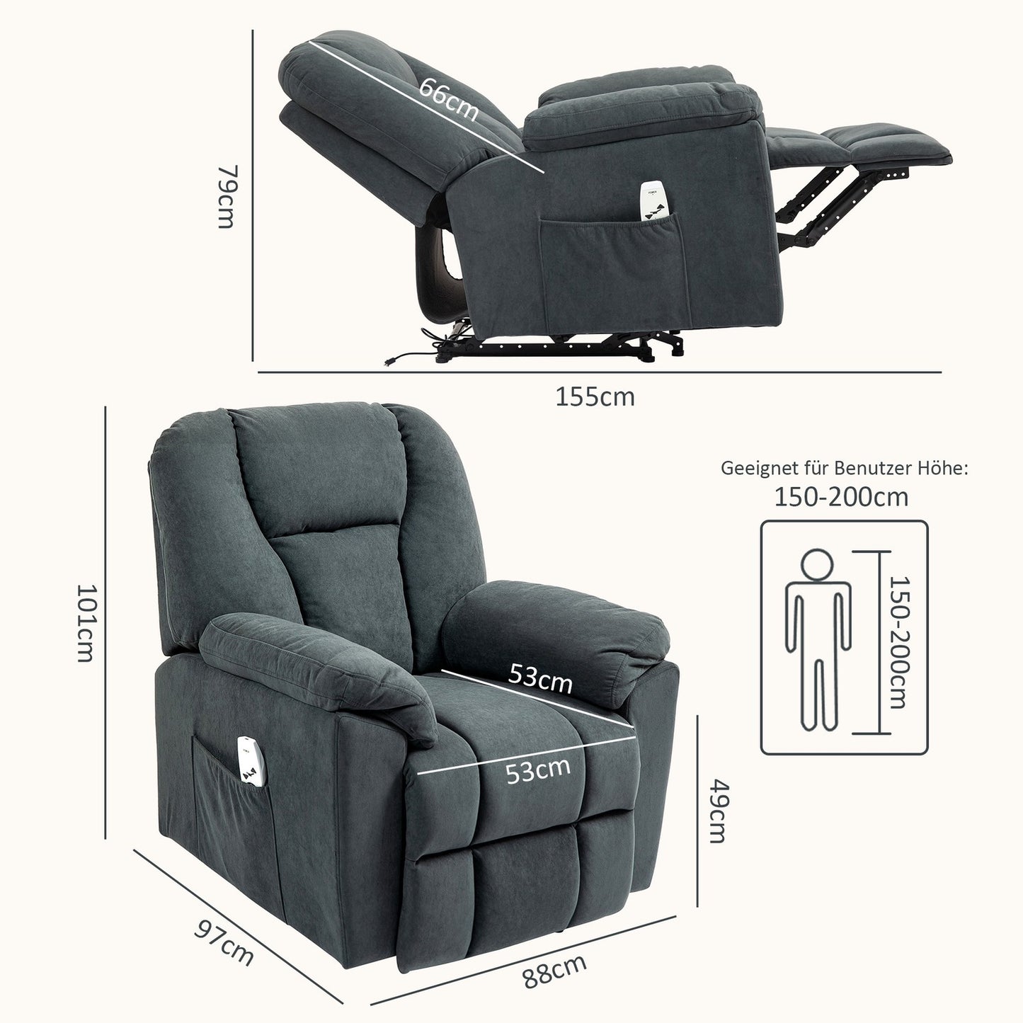 Reclining massage chair w/ heating & USB, dark grey