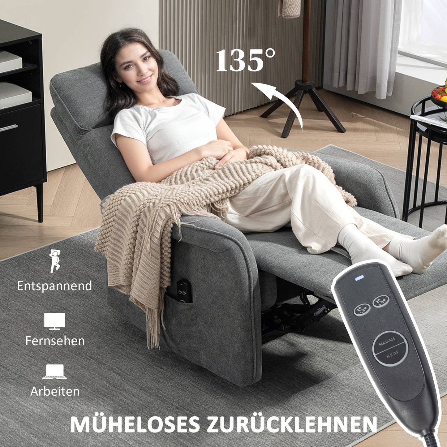 Reclining massage chair with heating & USB, dark grey