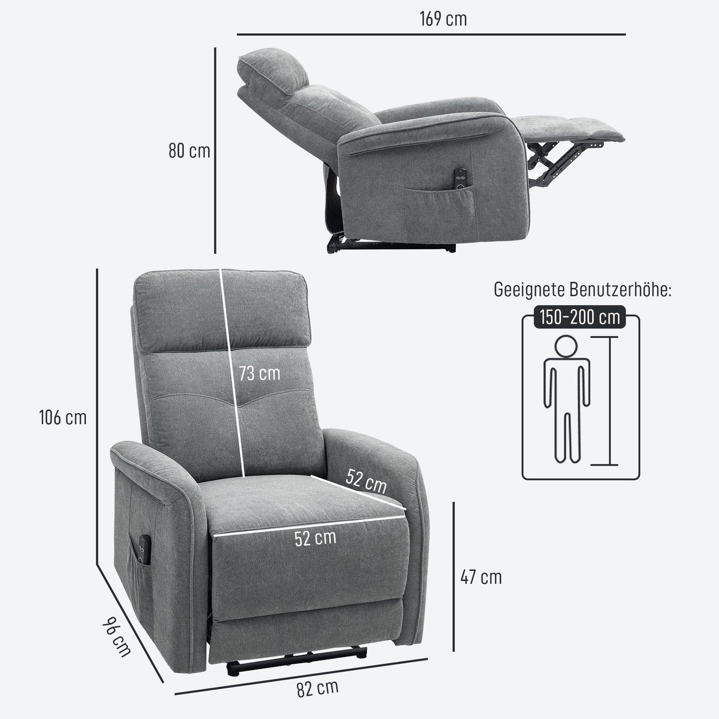 Reclining massage chair with heating & USB, dark grey