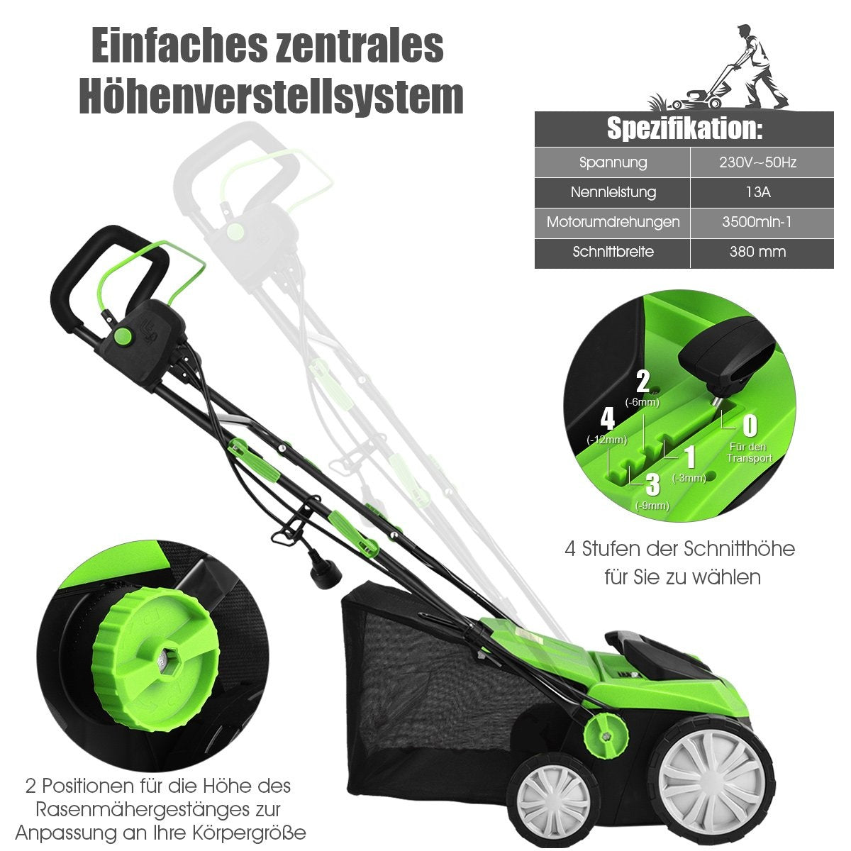 Electric scarifier lawn aerator 1800W 2 levels working depth 106 x 58 x 110.5 cm green
