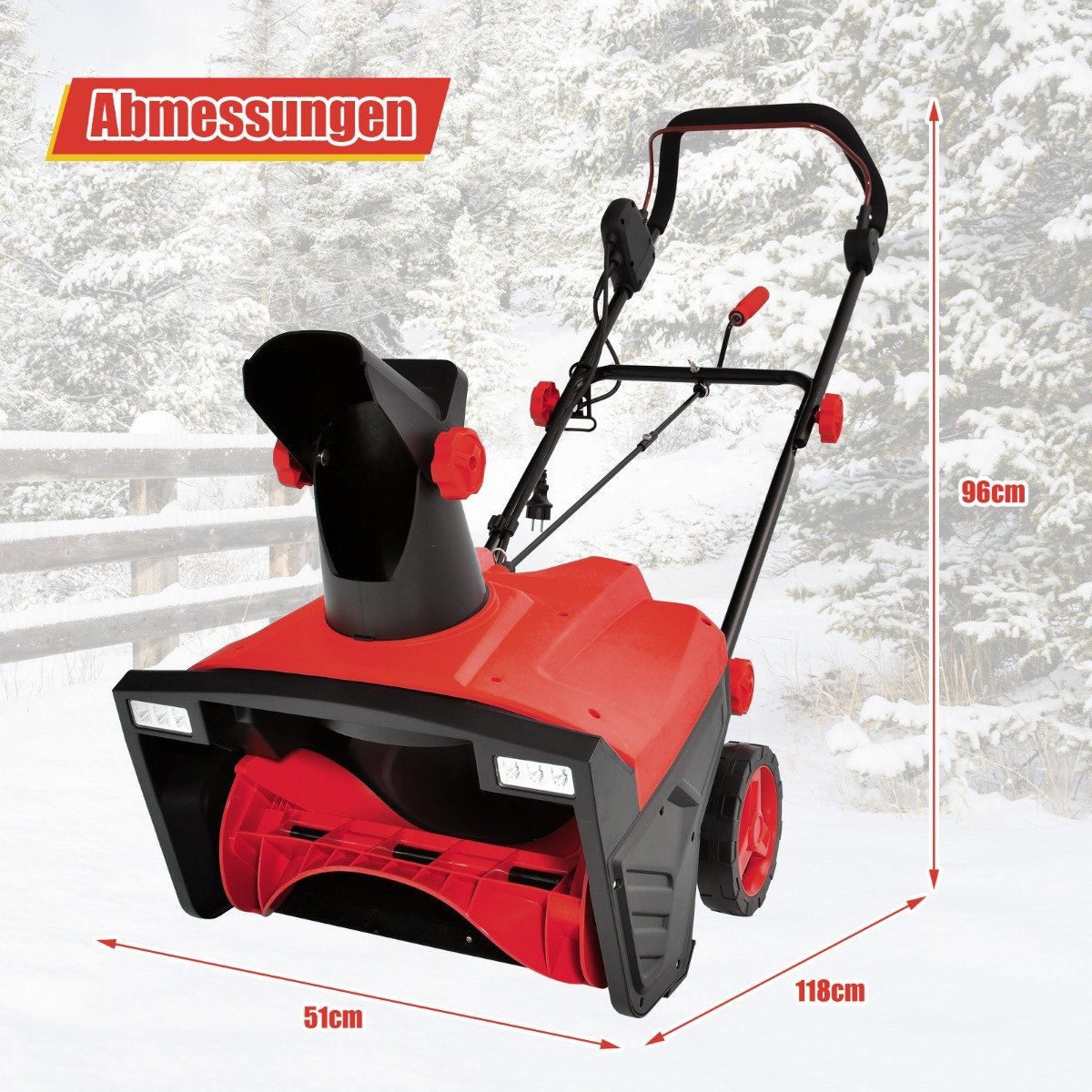 Electric snow blower with LED lights & 15 A motor 50 cm working width 25 cm working height Red + Black