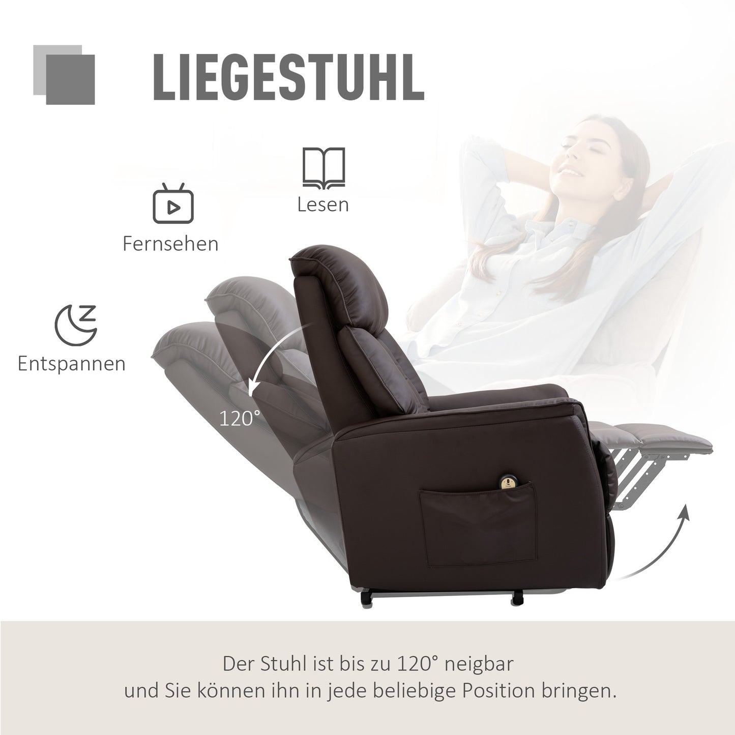 Electric recliner with standing aid, brown artificial leather