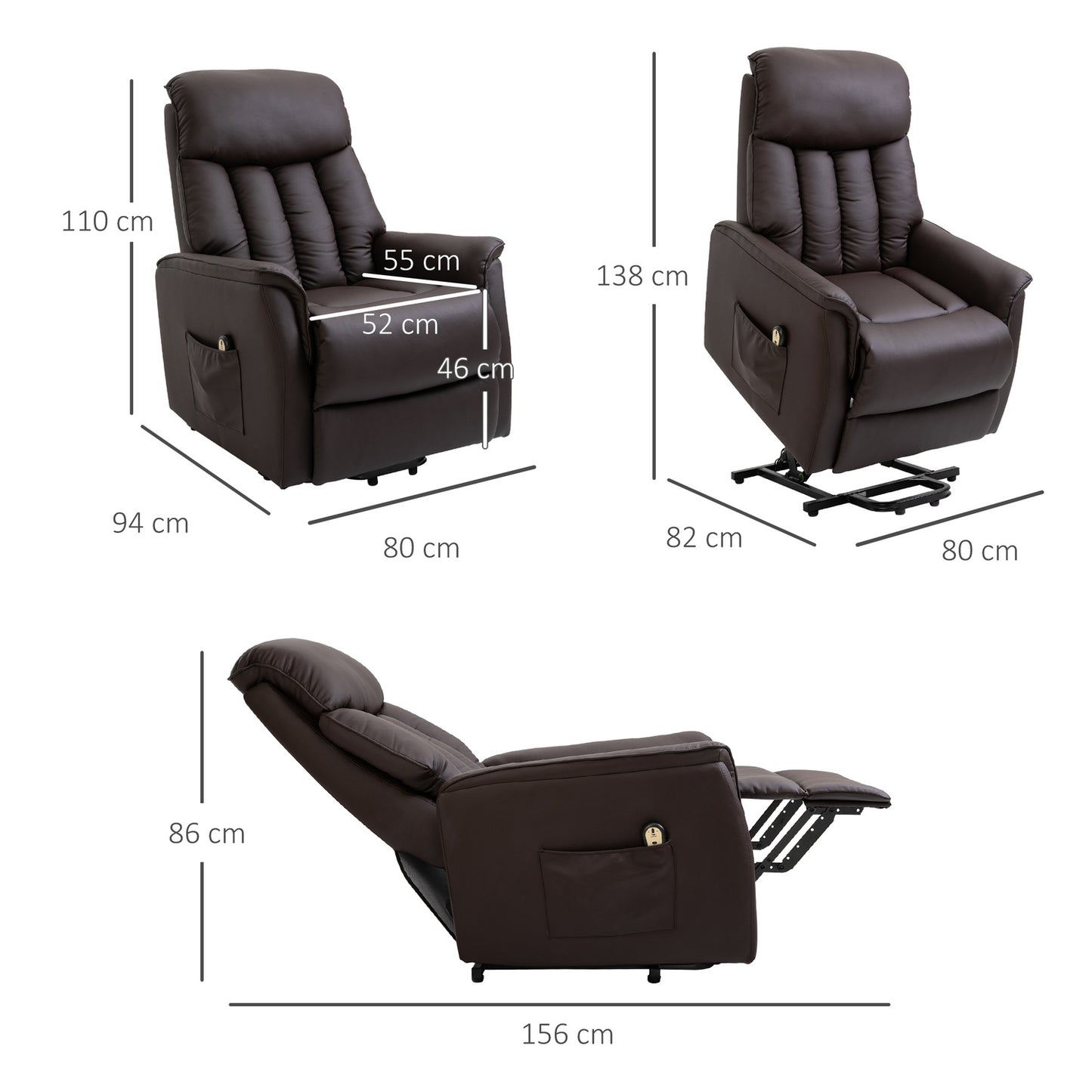 Electric recliner with standing aid, brown artificial leather