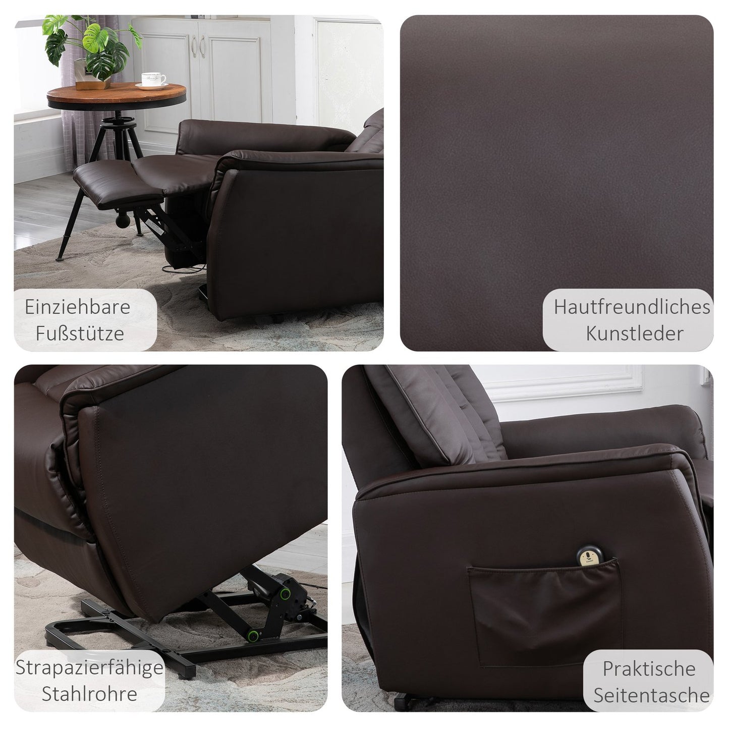 Electric recliner with standing aid, brown artificial leather