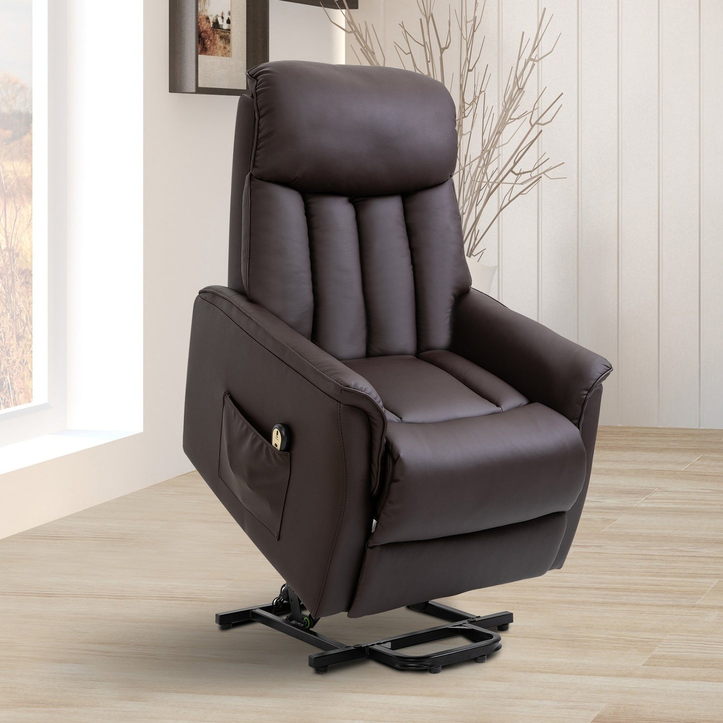 Electric recliner with standing aid, brown artificial leather
