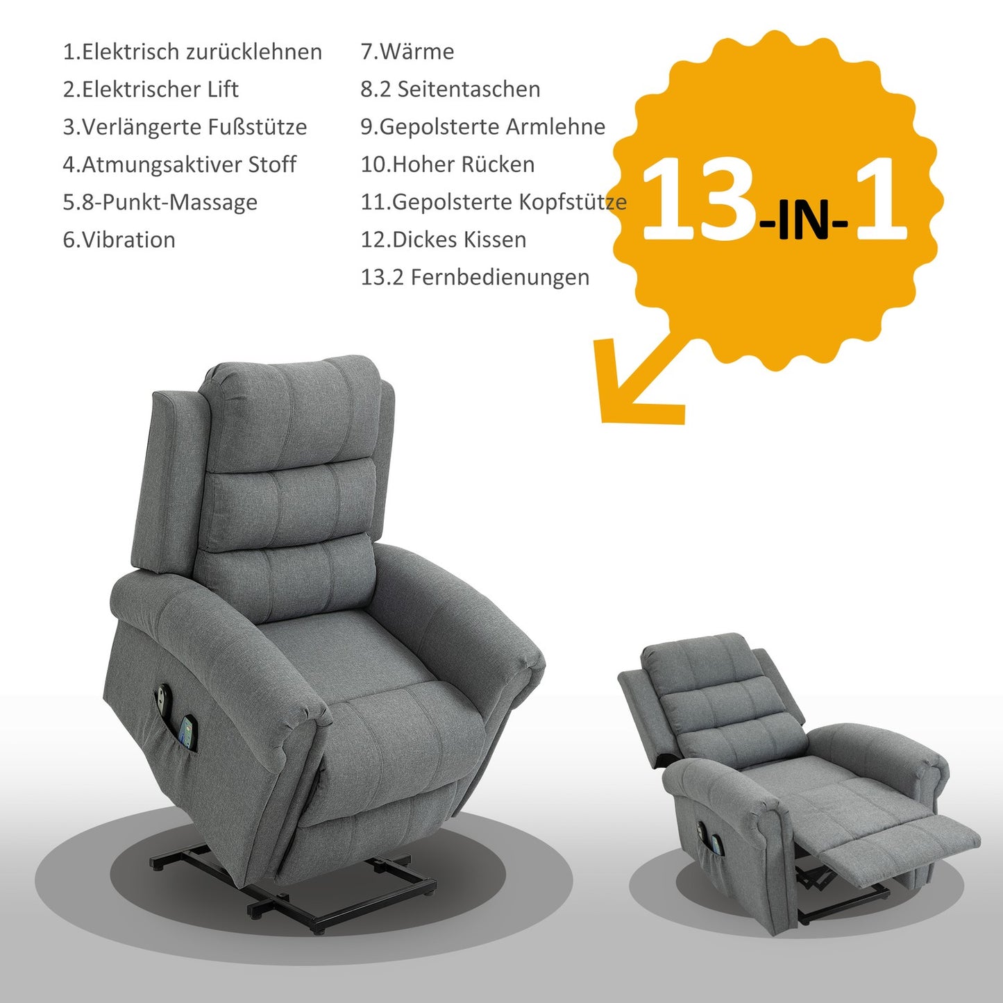 Electric lift chair, Massage & Heating, Remote control, Gray linen