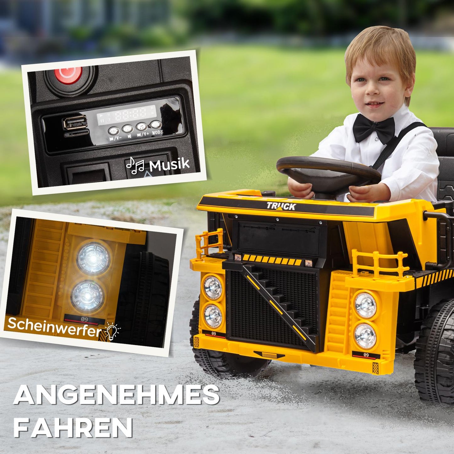Electric ride-on tractor for children with shovel, yellow