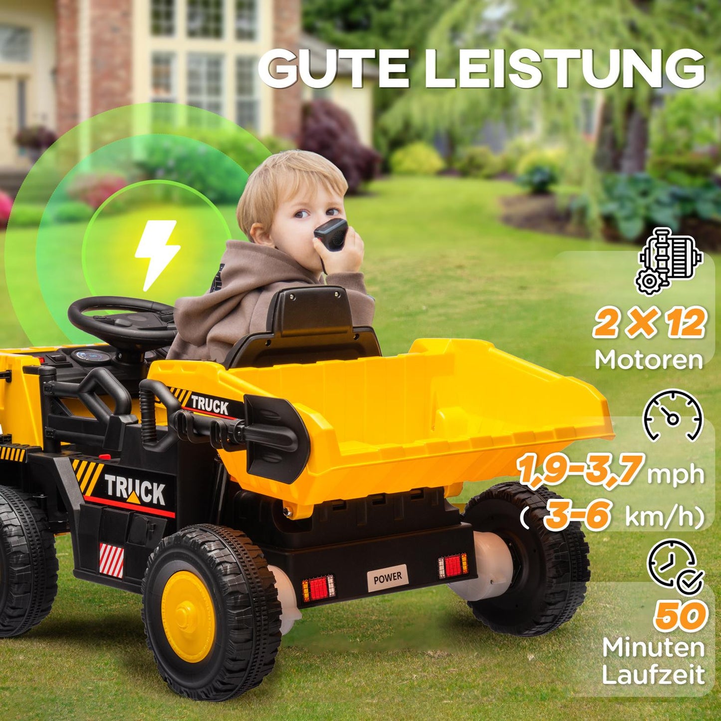 Electric ride-on tractor for children with shovel, yellow
