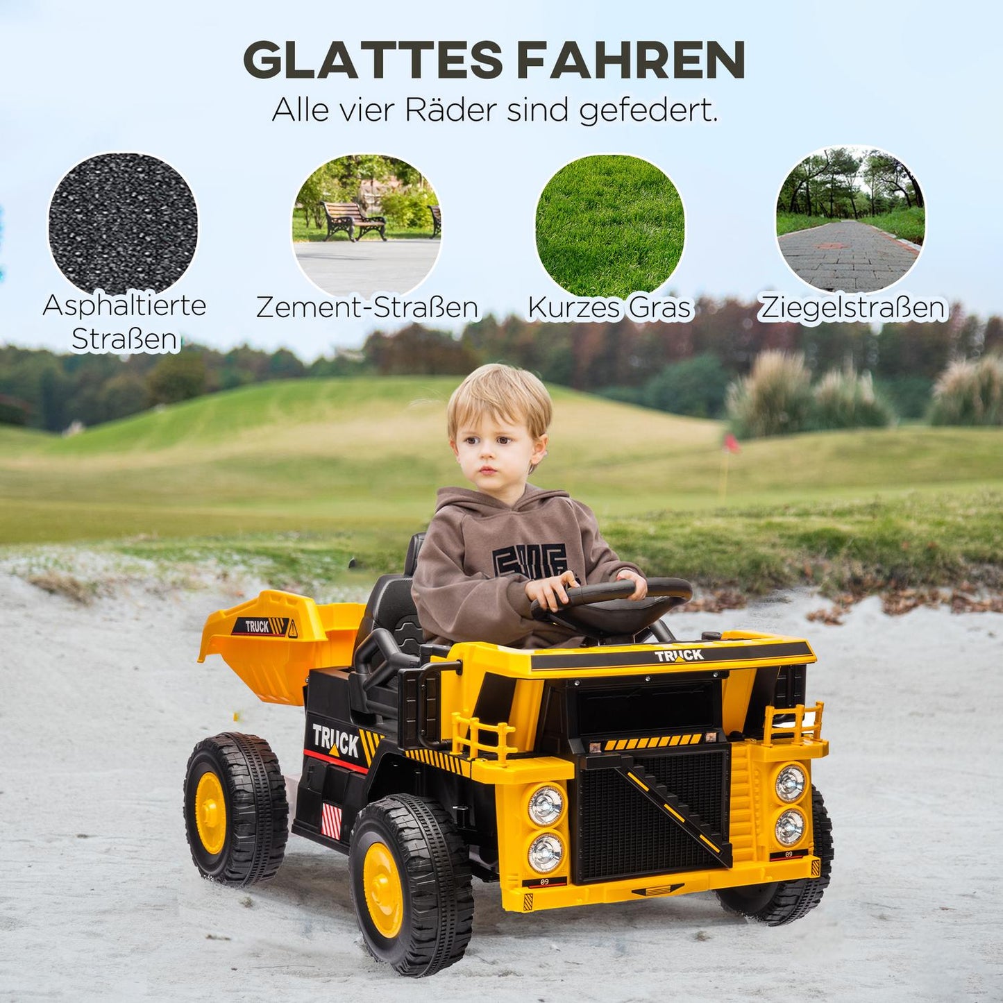 Electric ride-on tractor for children with shovel, yellow
