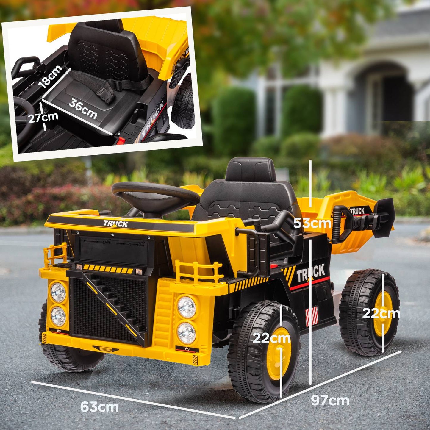 Electric ride-on tractor for children with shovel, yellow