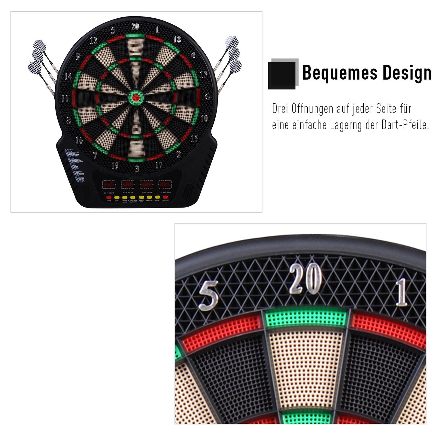 Electronic dart board, 27 games, 16 players, 6 darts