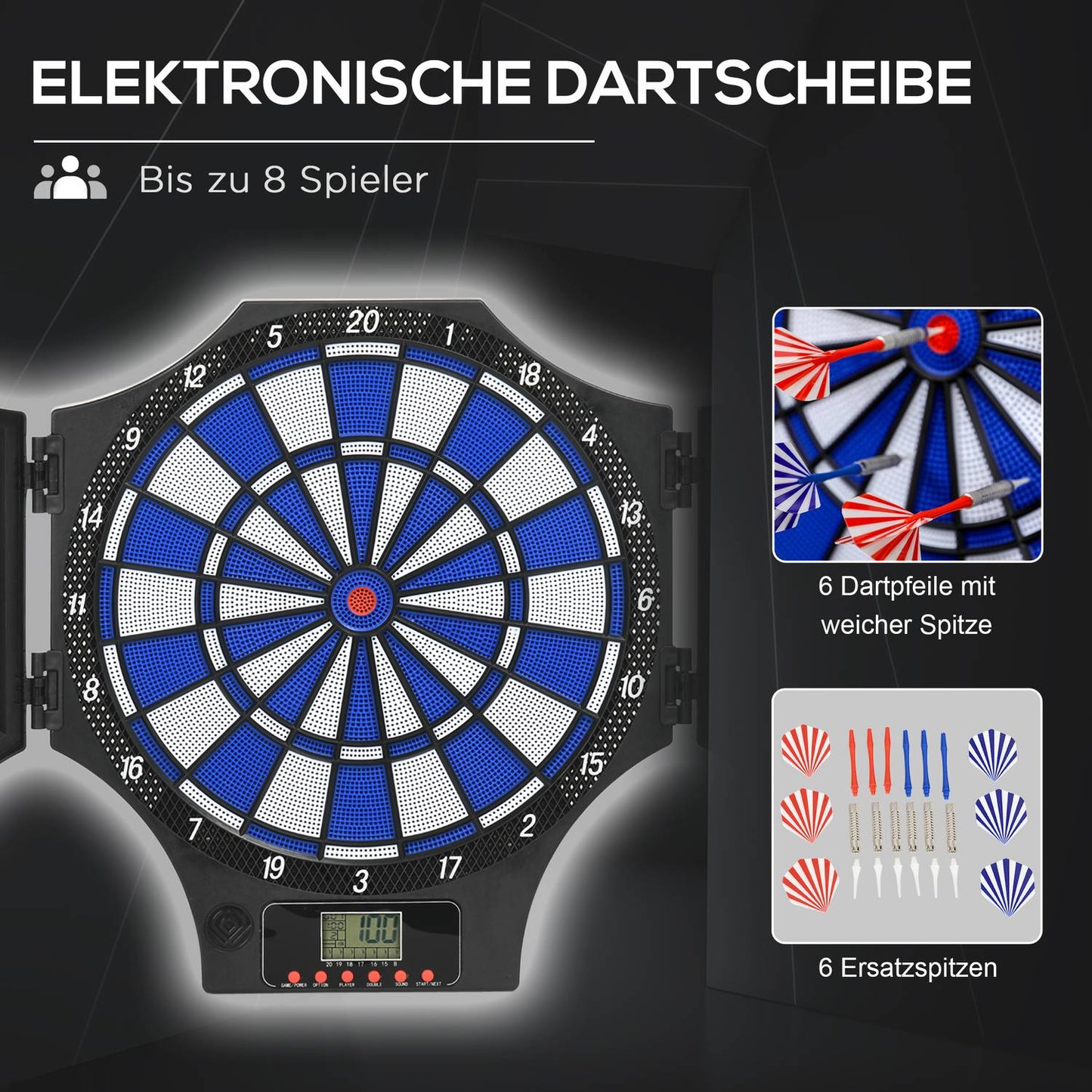 Electronic dart board with 12 darts, LCD screen, 8 players