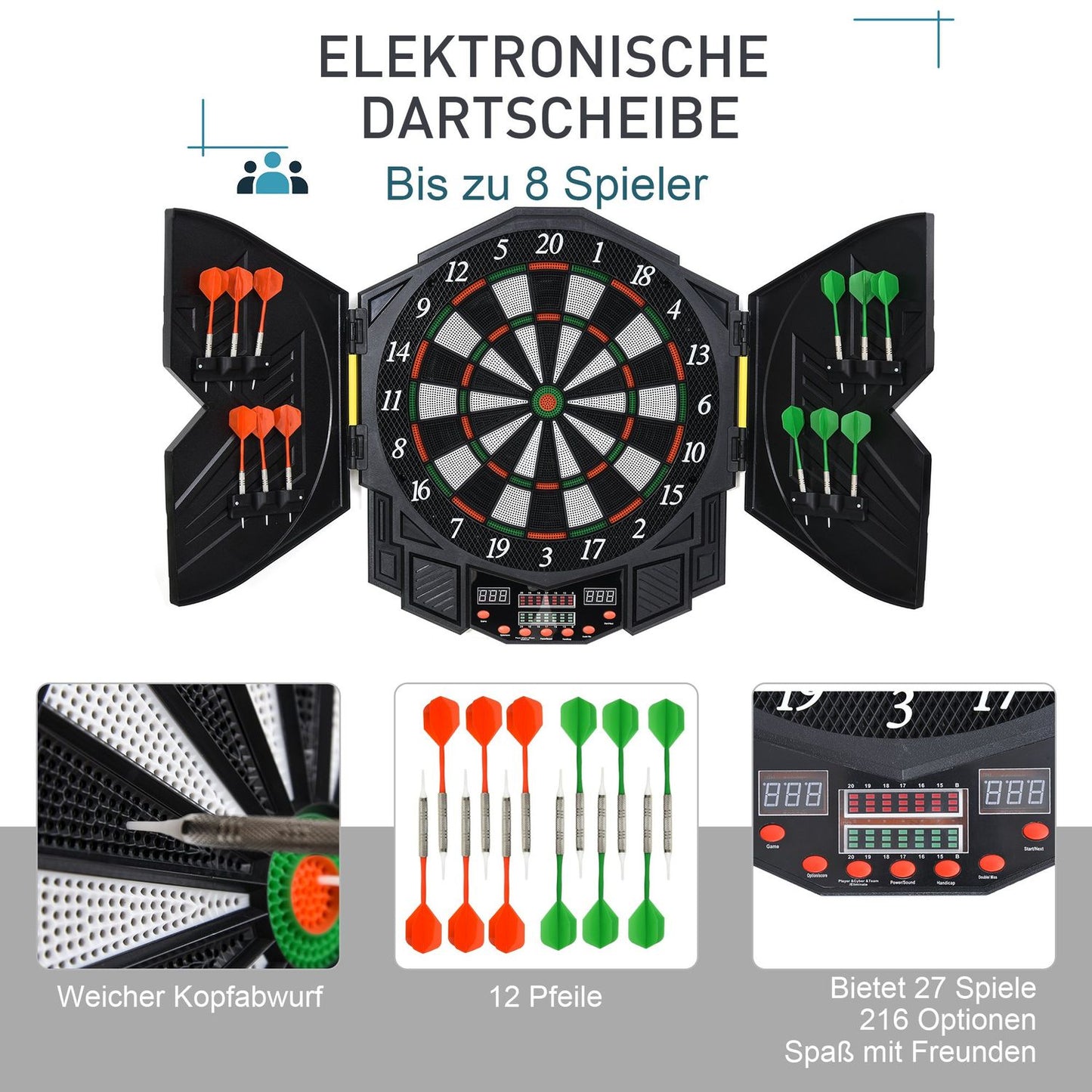 Electronic dart cabinet, 216 games, 12 darts, ABS-PP