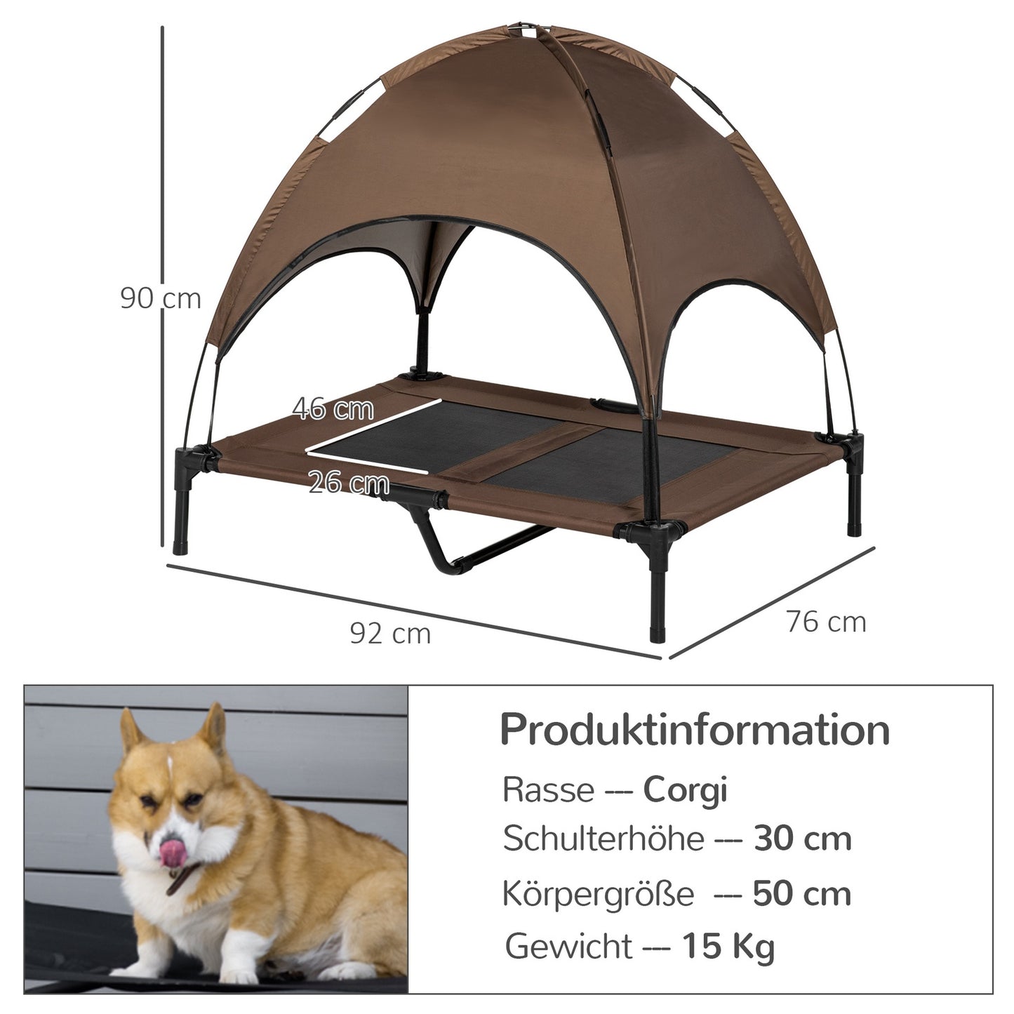 Outdoor elevated dog bed, ventilating canopy, 92x76x90 Cm