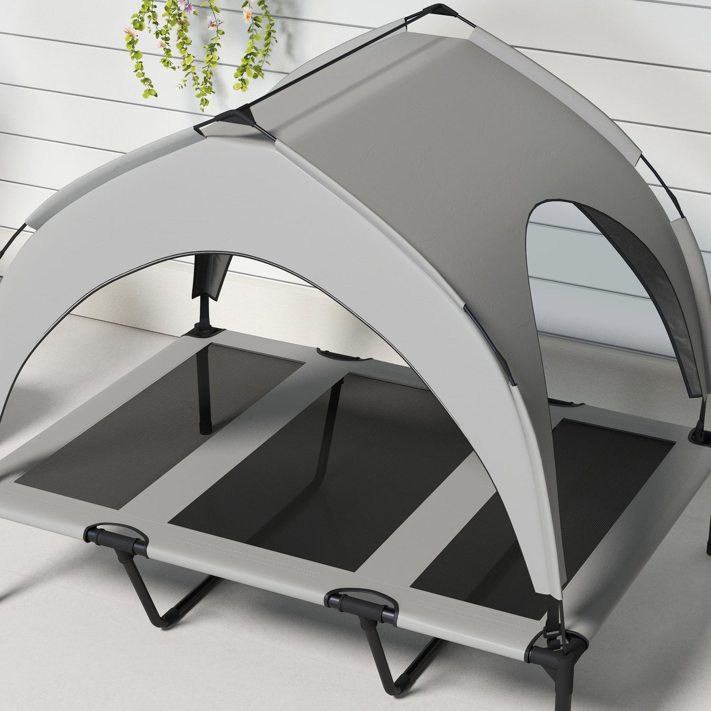 Elevated outdoor dog bed with canopy, breathable Oxford