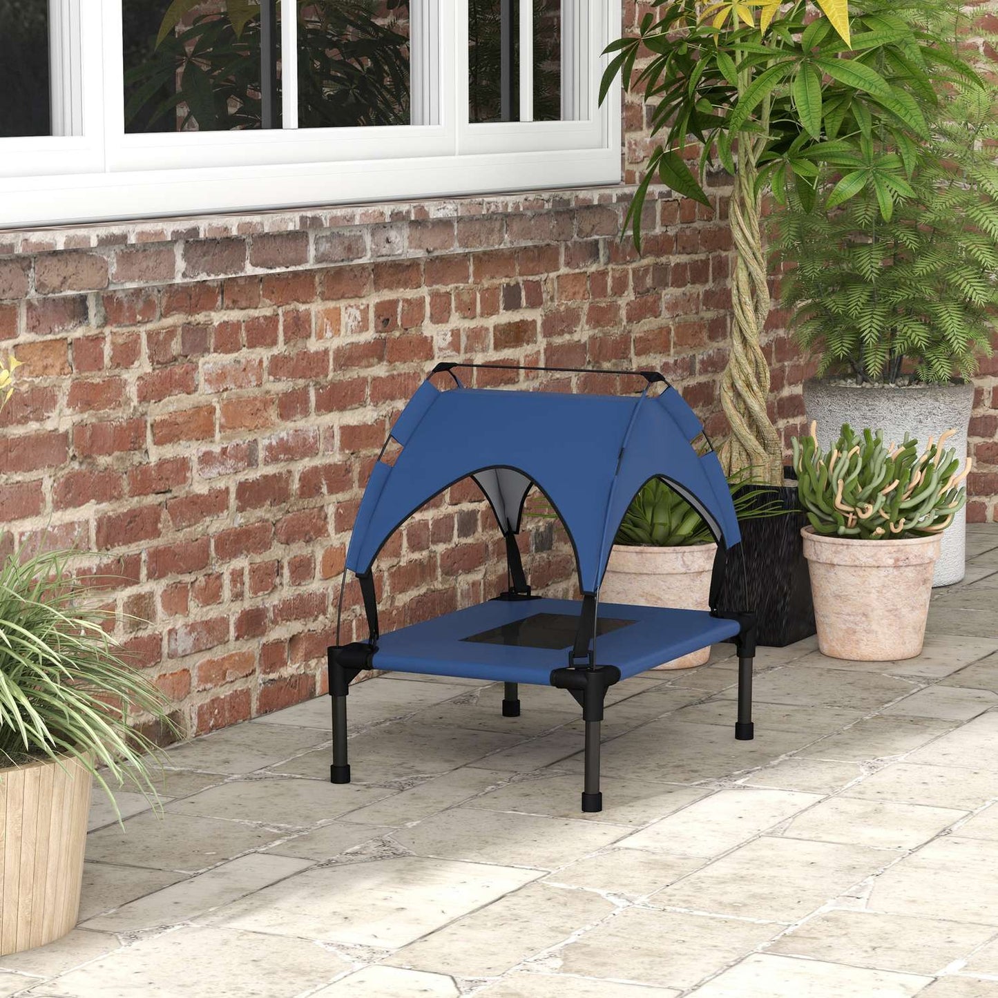 Outdoor raised dog bed with canopy, breathable fabric