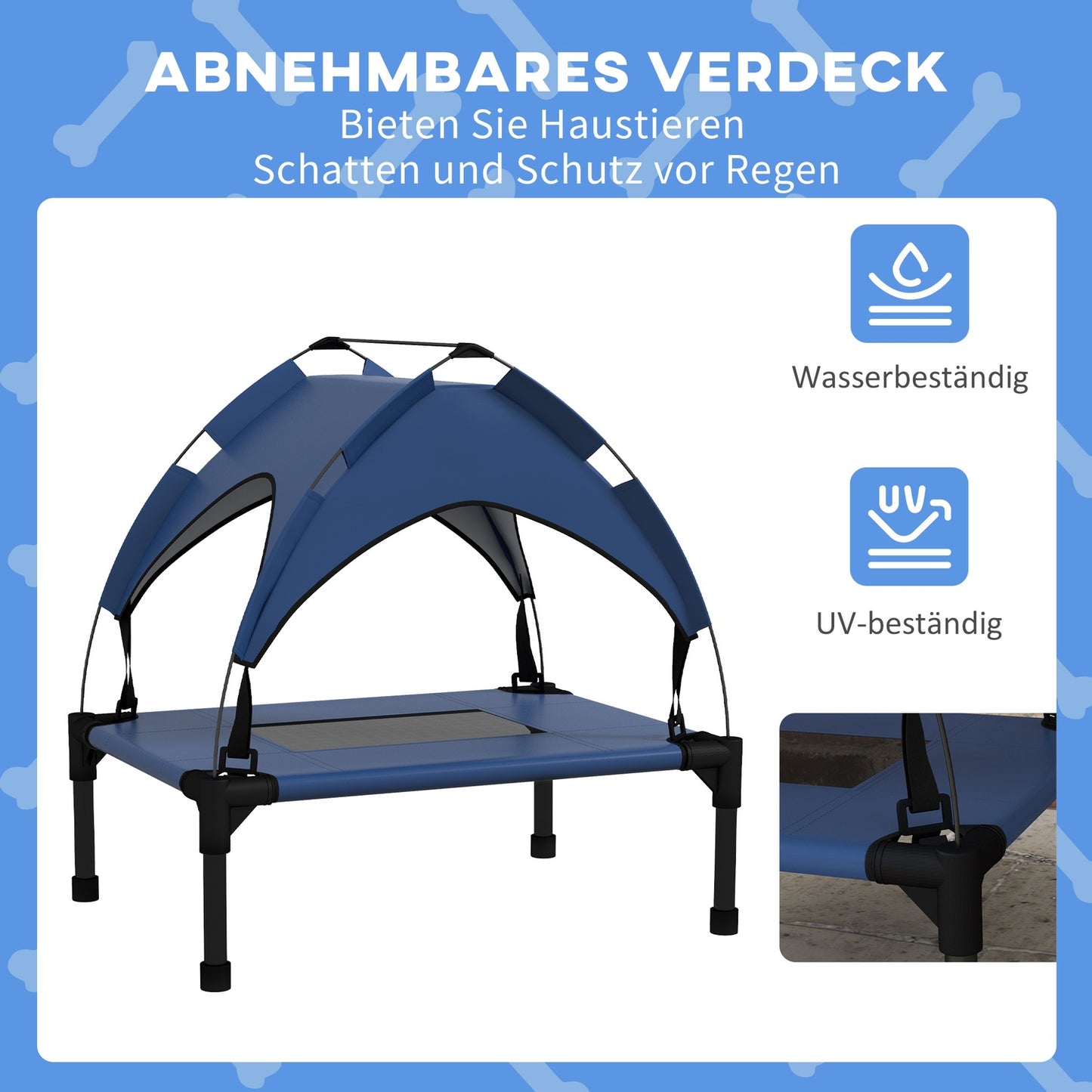Outdoor raised dog bed with canopy, breathable fabric