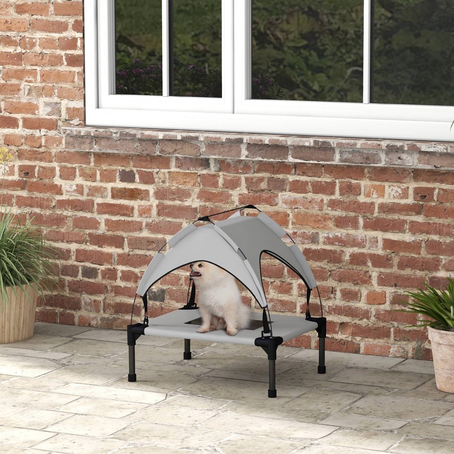 Raised outdoor dog bed with canopy, small, breathable
