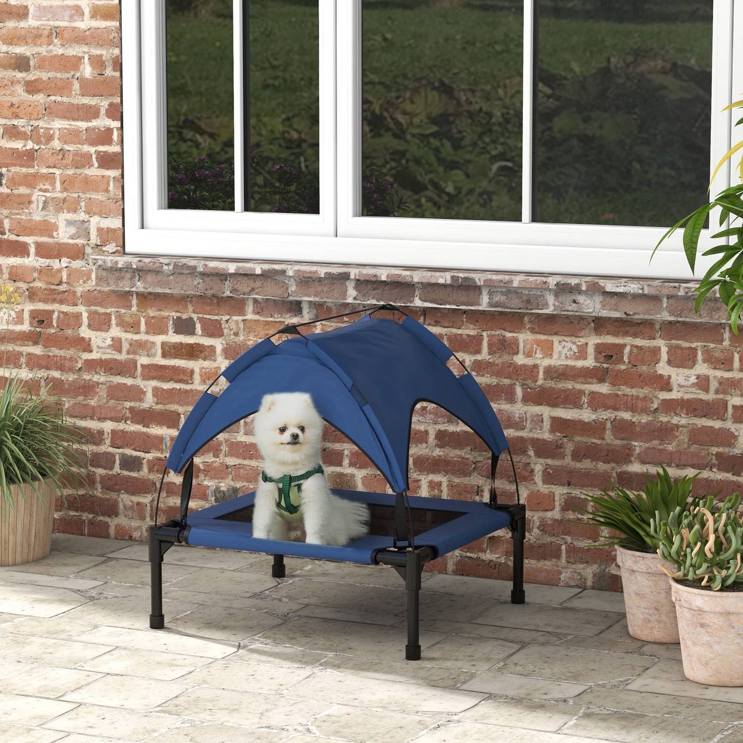 Raised outdoor dog bed with breathable roof