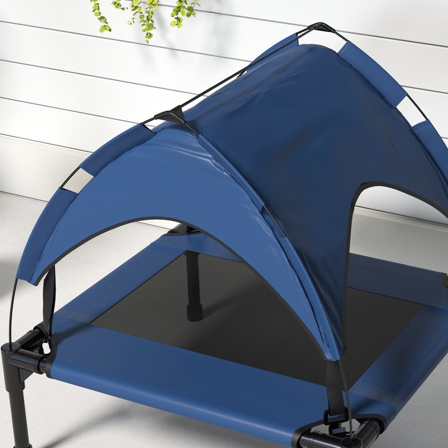 Raised outdoor dog bed with breathable roof