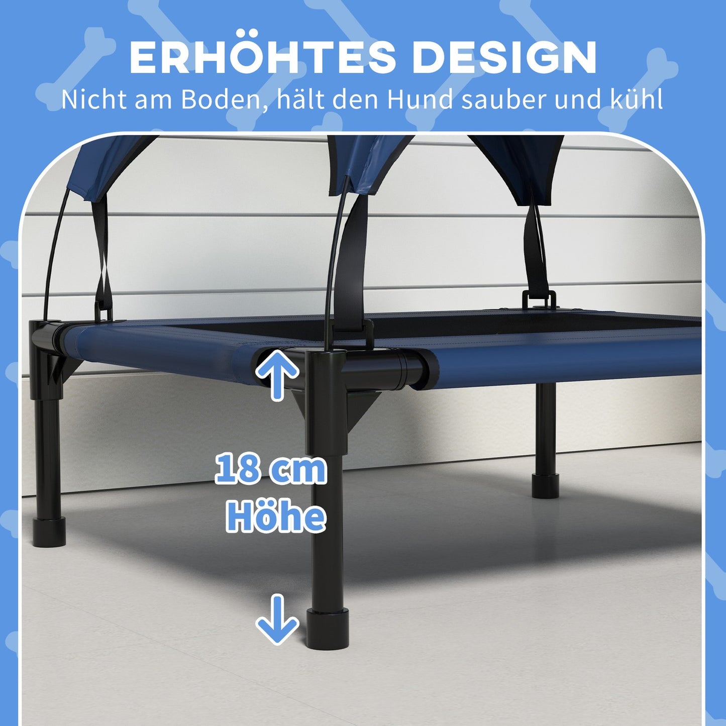 Raised outdoor dog bed with breathable roof