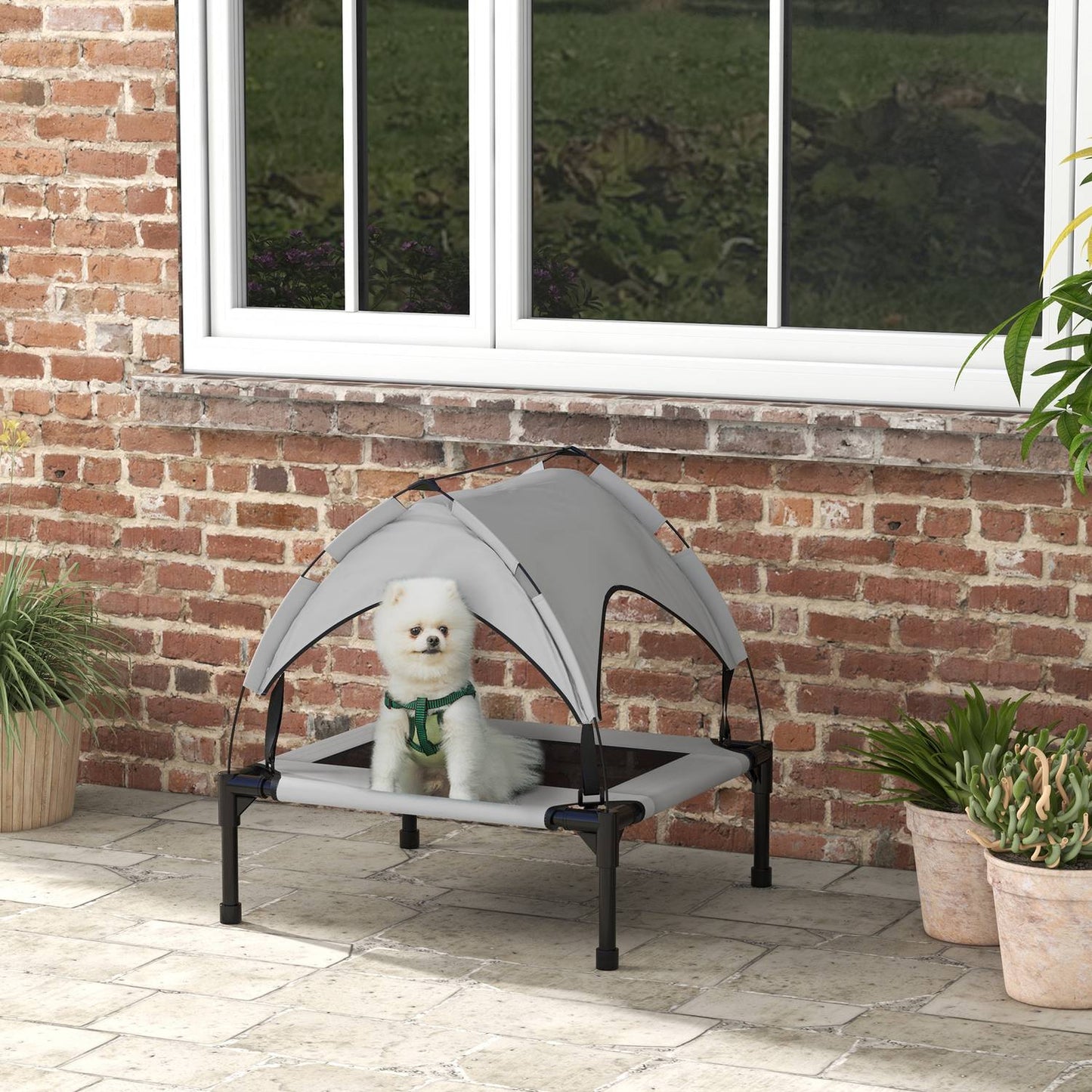 Outdoor raised dog bed with canopy, breathable fabric