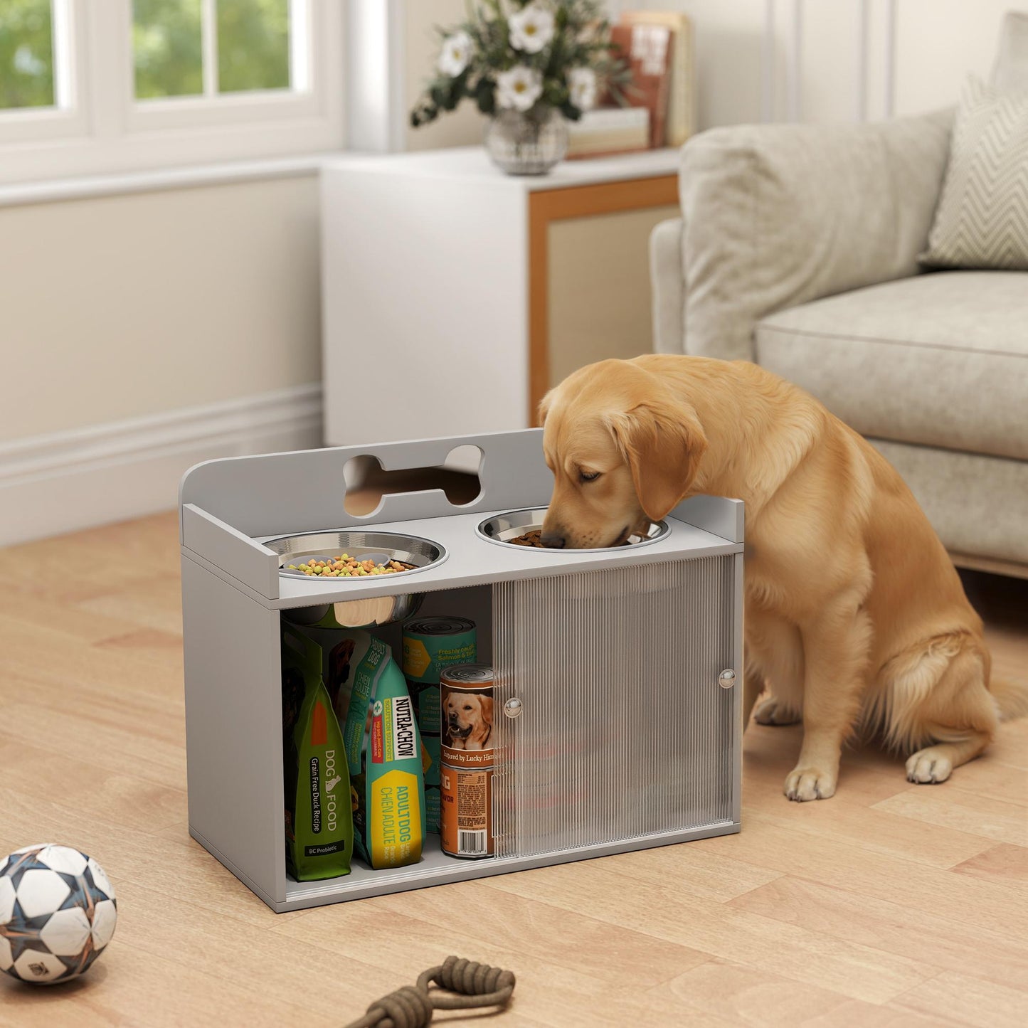 Elevated Dog Feeding Station with 2 Bowls, MDF & Stainless Steel