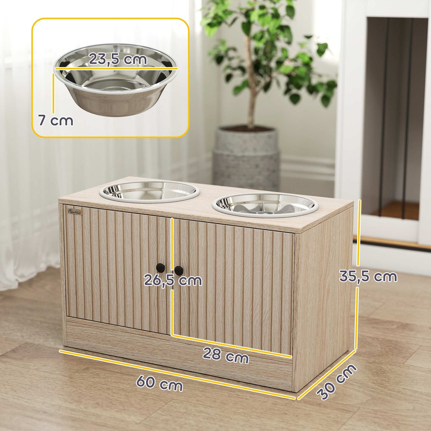 Elevated Dog Feeding Station with 2 Stainless Steel Bowls, Storage Cabinet