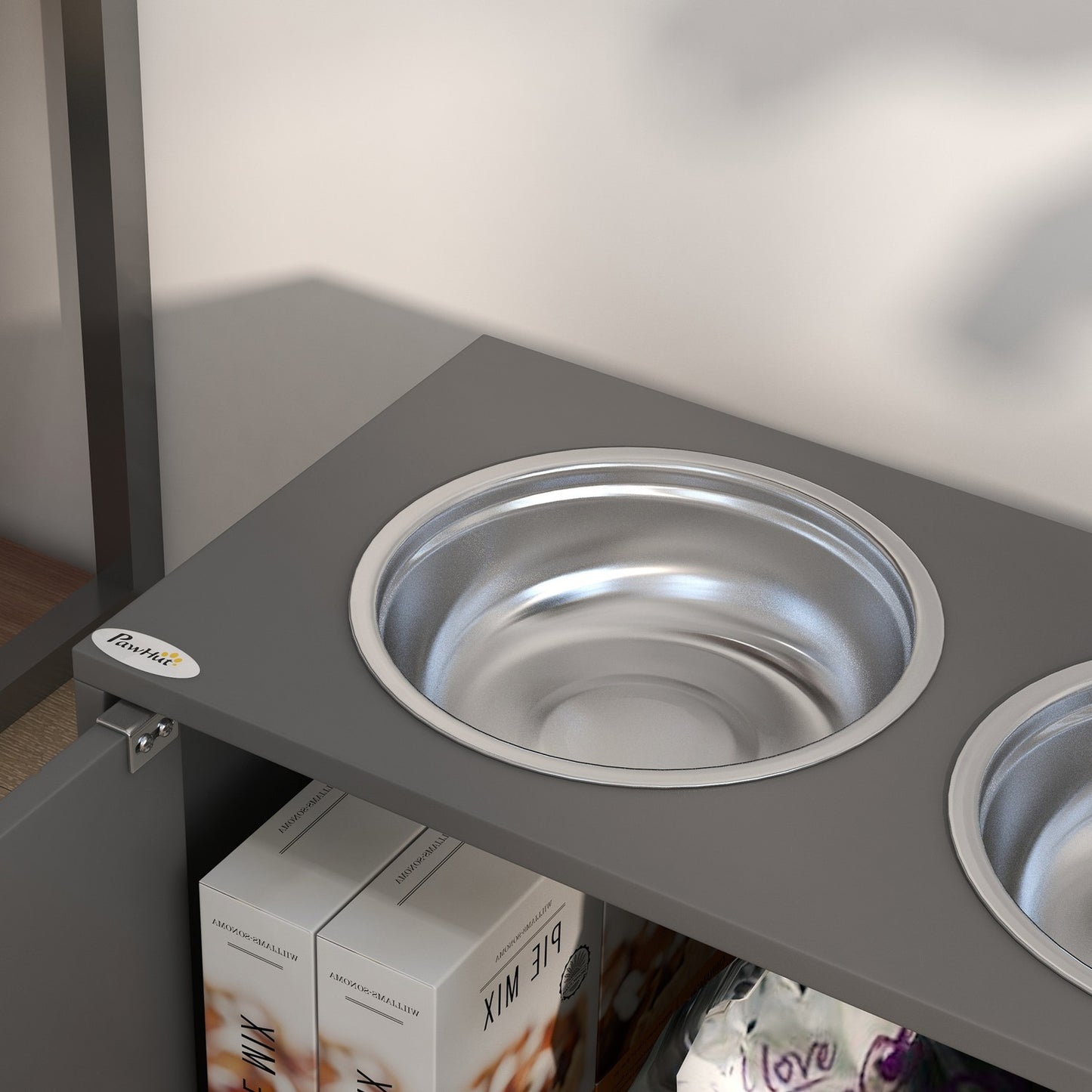 Elevated Dog Feeding Station with Storage, Stainless Bowls